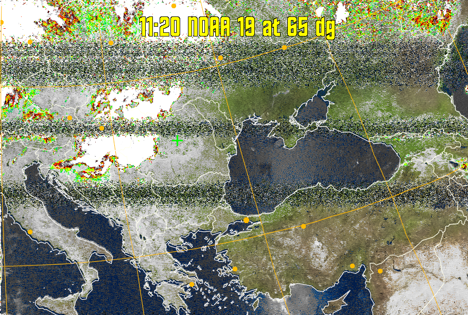 MSA-precip:
Same as MSA multispectral analysis, but high cold cloud tops are coloured the
same as the NO enhancement to give an approximate indication of the probability
and intensity of precipitation.