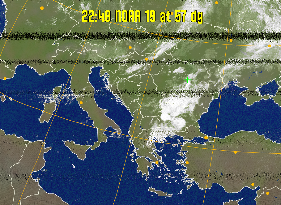 MCIR-precip: 
Colours the NOAA sensor 4 IR image using a map to colour the sea blue and land
green. High clouds appear white, lower clouds gray or land/sea coloured, clouds
generally appear lighter, but distinguishing between land/sea and low cloud may
be difficult. Darker colours indicate warmer regions.