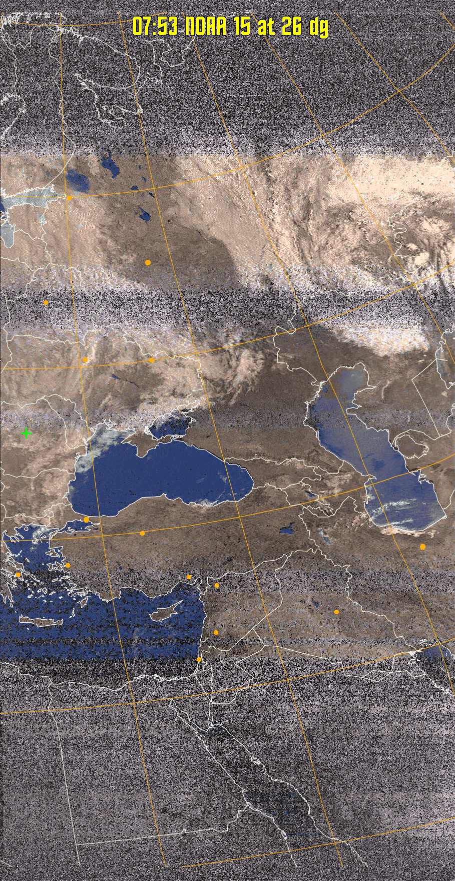 HVCT:
Similar to HVC, but with blue water and with colours more indicative of
land temperatures.
HVC:
Creates a false colour image from NOAA APT images based on temperature using
the HVC colour model. Uses the temperature derived from the sensor 4 image to
select the hue and the brightness from the histogram equalised other image to
select the value and chroma. The HVC colour model attempts to ensure that different colours at the same value will appear to the eye to be the same brightness
and the spacing between colours representing each degree will appear to the eye to
be similar. Bright areas are completely unsaturated in this model.