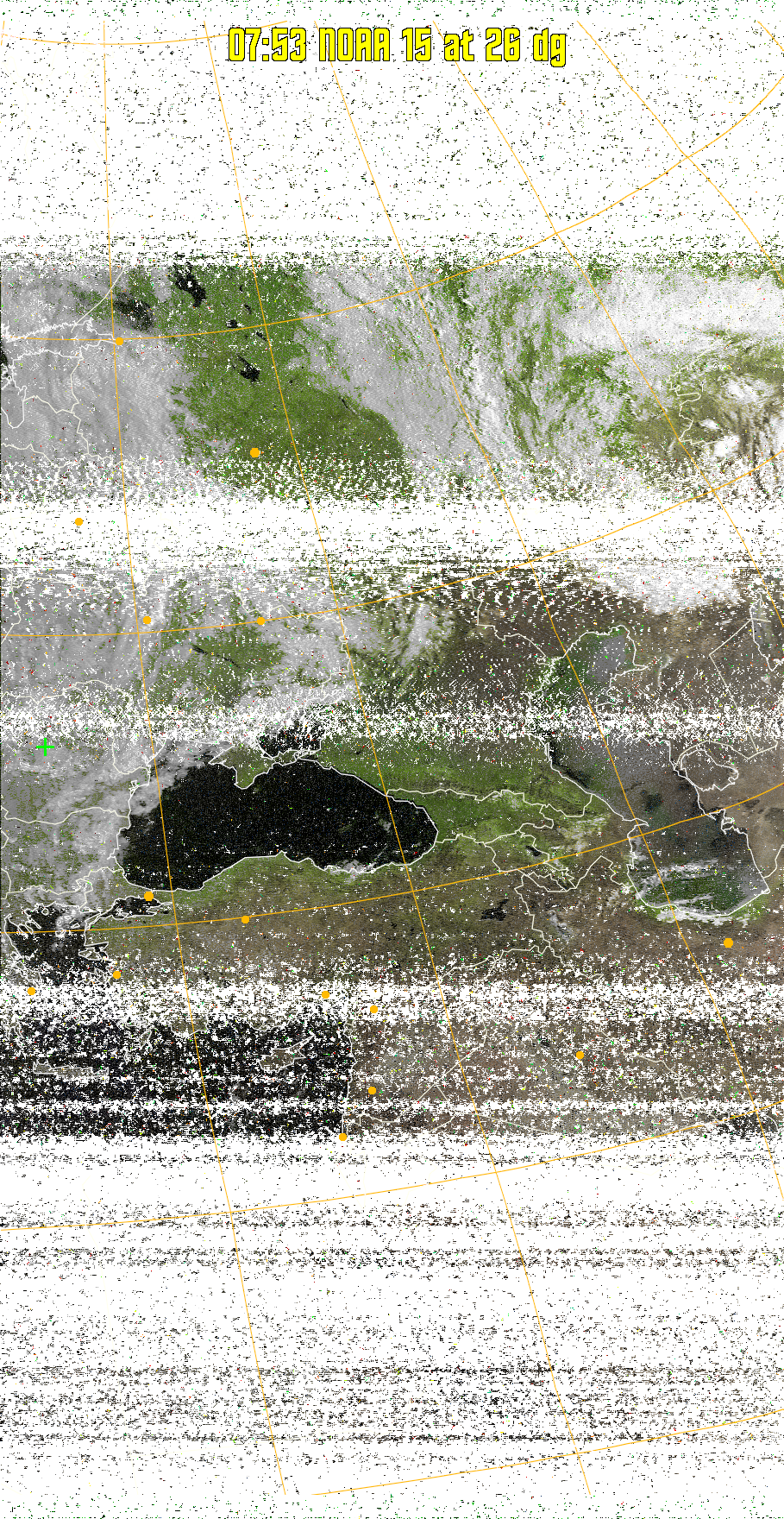 MSA-precip:
Same as MSA multispectral analysis, but high cold cloud tops are coloured the
same as the NO enhancement to give an approximate indication of the probability
and intensity of precipitation.