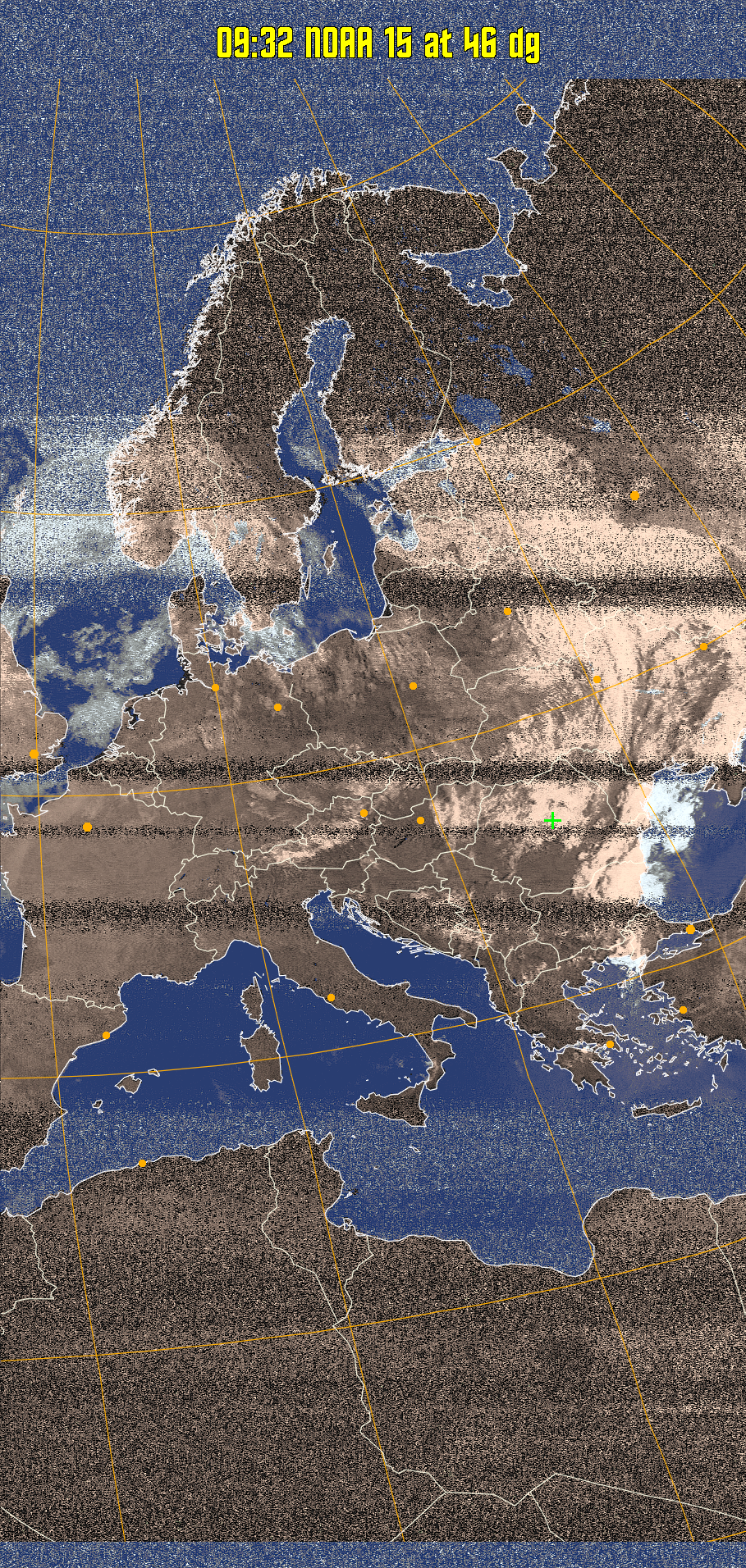 HVCT:
Similar to HVC, but with blue water and with colours more indicative of
land temperatures.
HVC:
Creates a false colour image from NOAA APT images based on temperature using
the HVC colour model. Uses the temperature derived from the sensor 4 image to
select the hue and the brightness from the histogram equalised other image to
select the value and chroma. The HVC colour model attempts to ensure that different colours at the same value will appear to the eye to be the same brightness
and the spacing between colours representing each degree will appear to the eye to
be similar. Bright areas are completely unsaturated in this model.