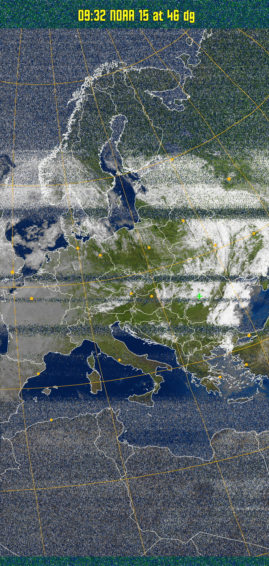 MSA-precip:
Same as MSA multispectral analysis, but high cold cloud tops are coloured the
same as the NO enhancement to give an approximate indication of the probability
and intensity of precipitation.