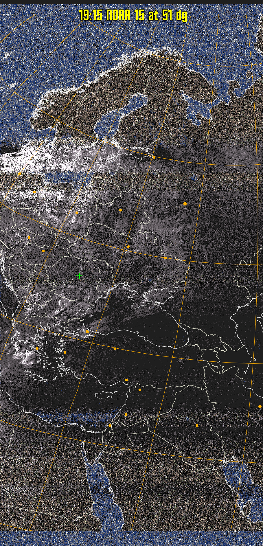 HVCT:
Similar to HVC, but with blue water and with colours more indicative of
land temperatures.
HVC:
Creates a false colour image from NOAA APT images based on temperature using
the HVC colour model. Uses the temperature derived from the sensor 4 image to
select the hue and the brightness from the histogram equalised other image to
select the value and chroma. The HVC colour model attempts to ensure that different colours at the same value will appear to the eye to be the same brightness
and the spacing between colours representing each degree will appear to the eye to
be similar. Bright areas are completely unsaturated in this model.