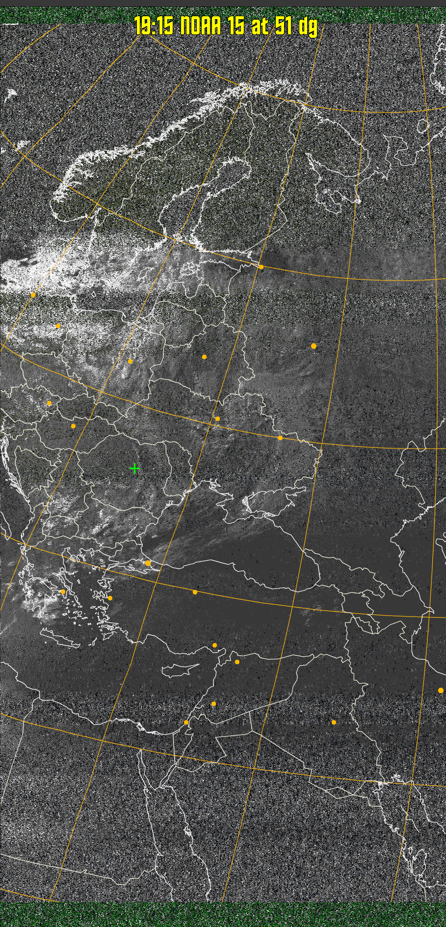 MSA-precip:
Same as MSA multispectral analysis, but high cold cloud tops are coloured the
same as the NO enhancement to give an approximate indication of the probability
and intensity of precipitation.
