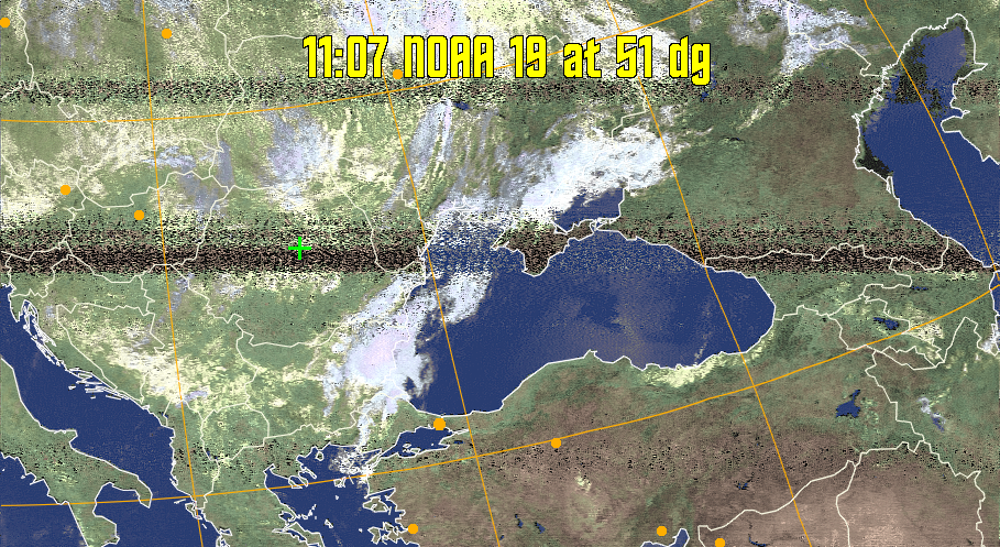 HVCT:
Similar to HVC, but with blue water and with colours more indicative of
land temperatures.
HVC:
Creates a false colour image from NOAA APT images based on temperature using
the HVC colour model. Uses the temperature derived from the sensor 4 image to
select the hue and the brightness from the histogram equalised other image to
select the value and chroma. The HVC colour model attempts to ensure that different colours at the same value will appear to the eye to be the same brightness
and the spacing between colours representing each degree will appear to the eye to
be similar. Bright areas are completely unsaturated in this model.