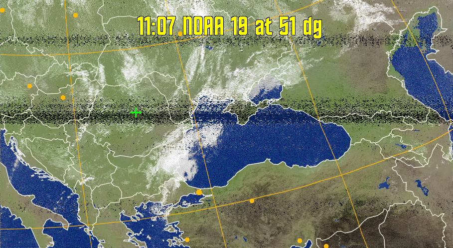 MCIR-precip: 
Colours the NOAA sensor 4 IR image using a map to colour the sea blue and land
green. High clouds appear white, lower clouds gray or land/sea coloured, clouds
generally appear lighter, but distinguishing between land/sea and low cloud may
be difficult. Darker colours indicate warmer regions.