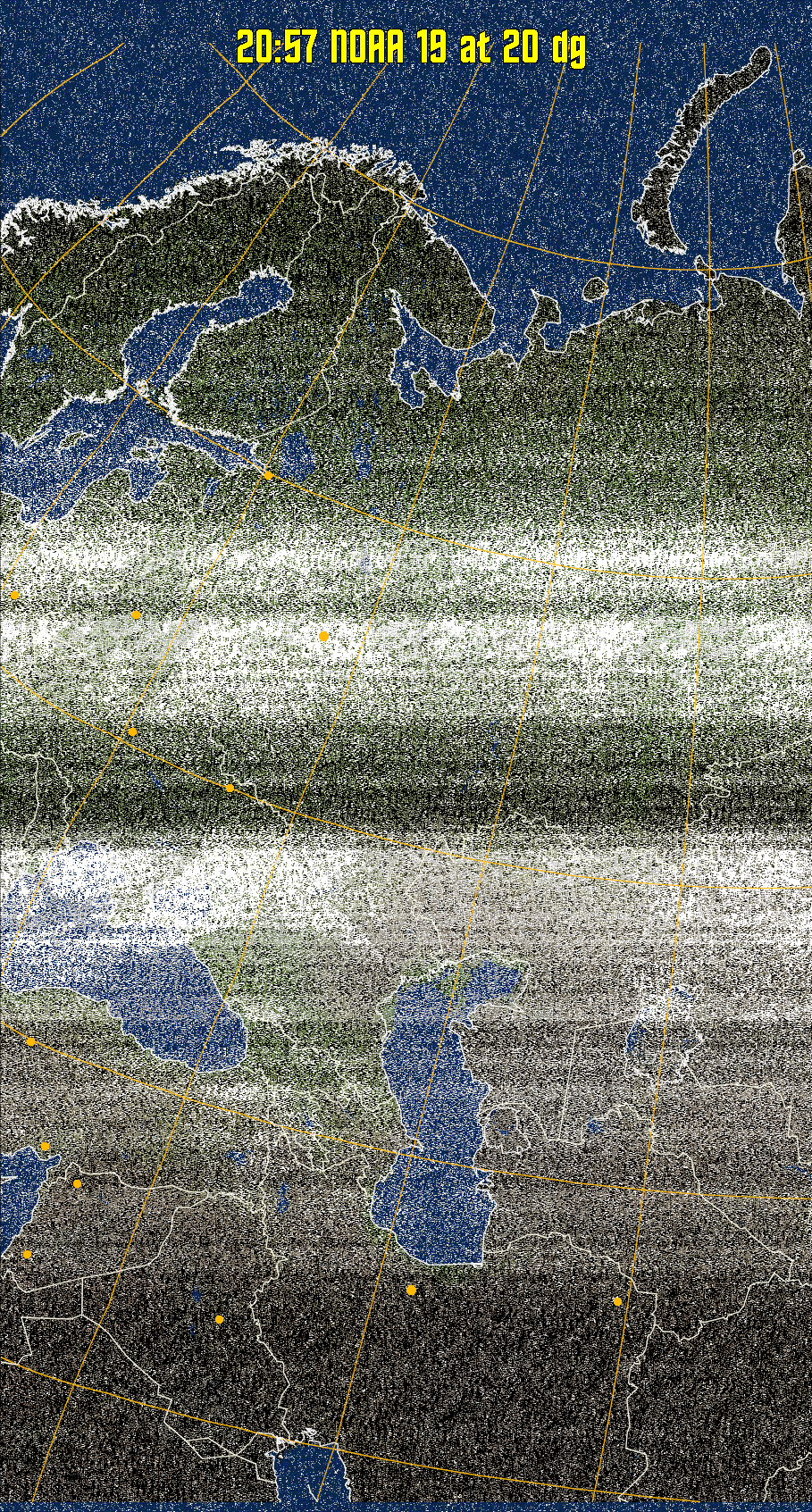 MCIR-precip: 
Colours the NOAA sensor 4 IR image using a map to colour the sea blue and land
green. High clouds appear white, lower clouds gray or land/sea coloured, clouds
generally appear lighter, but distinguishing between land/sea and low cloud may
be difficult. Darker colours indicate warmer regions.