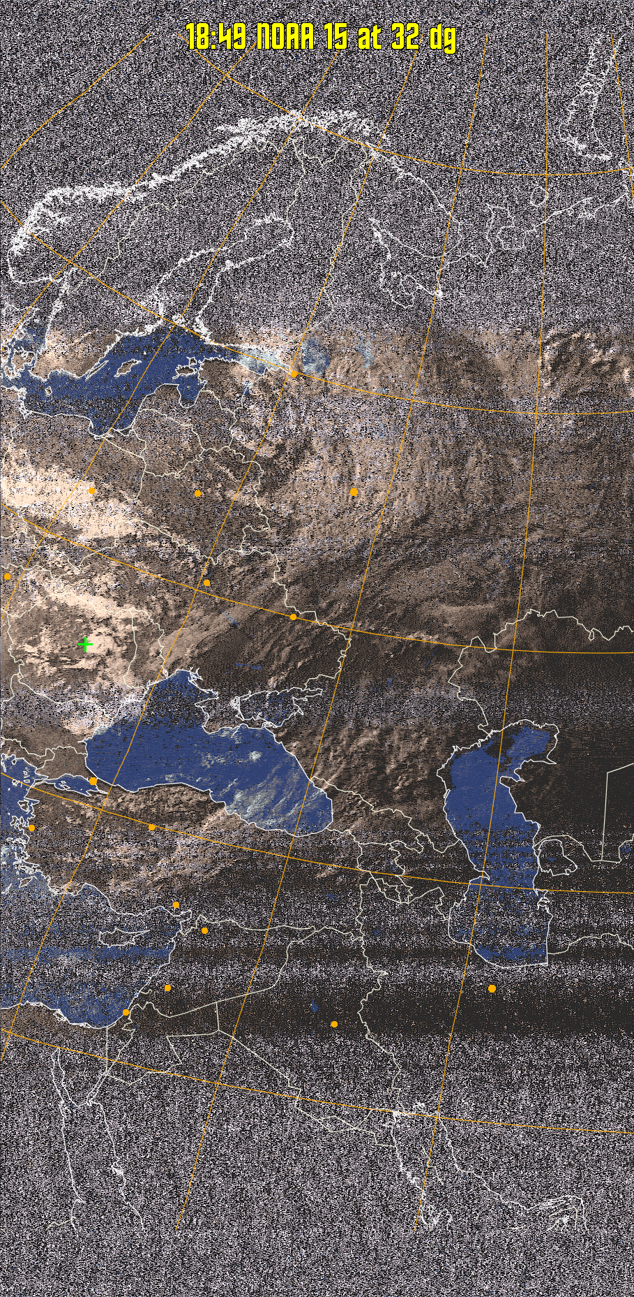 HVCT:
Similar to HVC, but with blue water and with colours more indicative of
land temperatures.
HVC:
Creates a false colour image from NOAA APT images based on temperature using
the HVC colour model. Uses the temperature derived from the sensor 4 image to
select the hue and the brightness from the histogram equalised other image to
select the value and chroma. The HVC colour model attempts to ensure that different colours at the same value will appear to the eye to be the same brightness
and the spacing between colours representing each degree will appear to the eye to
be similar. Bright areas are completely unsaturated in this model.