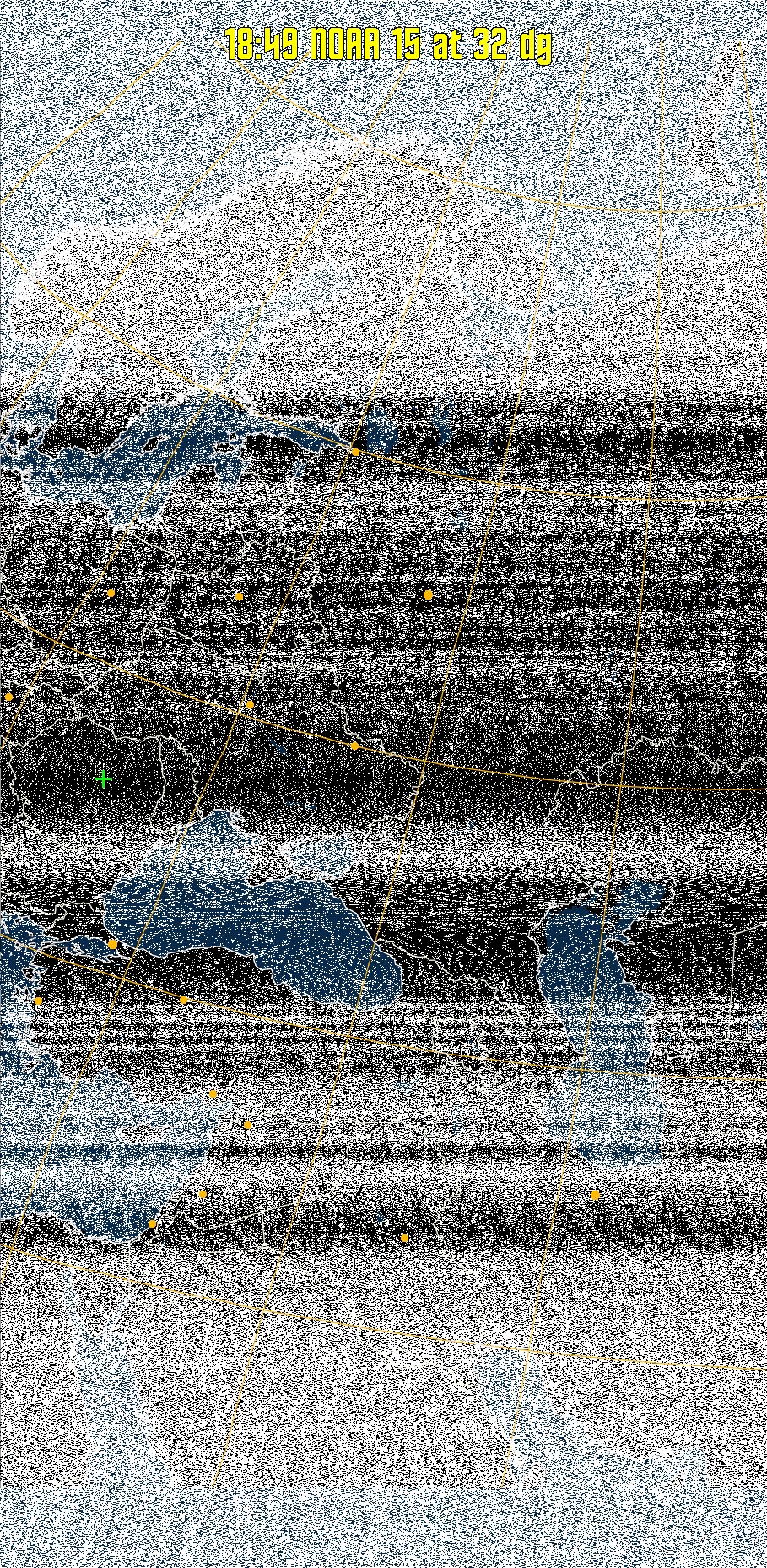 MCIR-precip: 
Colours the NOAA sensor 4 IR image using a map to colour the sea blue and land
green. High clouds appear white, lower clouds gray or land/sea coloured, clouds
generally appear lighter, but distinguishing between land/sea and low cloud may
be difficult. Darker colours indicate warmer regions.