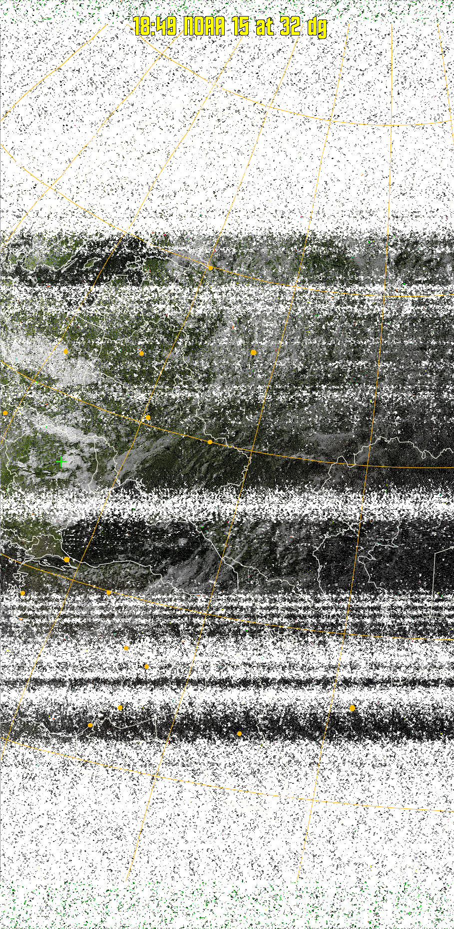 MSA-precip:
Same as MSA multispectral analysis, but high cold cloud tops are coloured the
same as the NO enhancement to give an approximate indication of the probability
and intensity of precipitation.