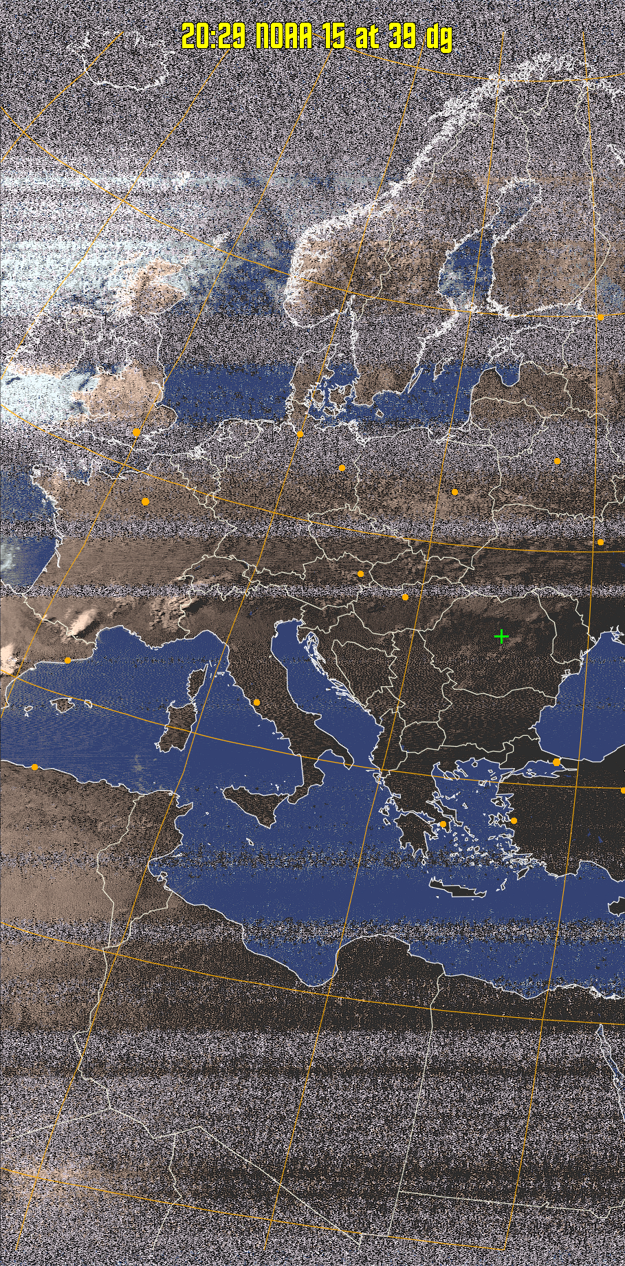 HVCT:
Similar to HVC, but with blue water and with colours more indicative of
land temperatures.
HVC:
Creates a false colour image from NOAA APT images based on temperature using
the HVC colour model. Uses the temperature derived from the sensor 4 image to
select the hue and the brightness from the histogram equalised other image to
select the value and chroma. The HVC colour model attempts to ensure that different colours at the same value will appear to the eye to be the same brightness
and the spacing between colours representing each degree will appear to the eye to
be similar. Bright areas are completely unsaturated in this model.
