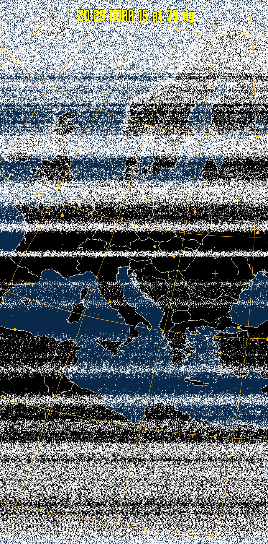 MCIR-precip: 
Colours the NOAA sensor 4 IR image using a map to colour the sea blue and land
green. High clouds appear white, lower clouds gray or land/sea coloured, clouds
generally appear lighter, but distinguishing between land/sea and low cloud may
be difficult. Darker colours indicate warmer regions.