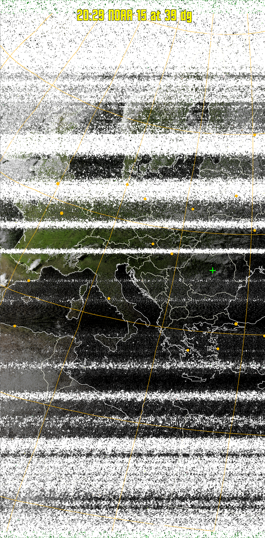 MSA-precip:
Same as MSA multispectral analysis, but high cold cloud tops are coloured the
same as the NO enhancement to give an approximate indication of the probability
and intensity of precipitation.