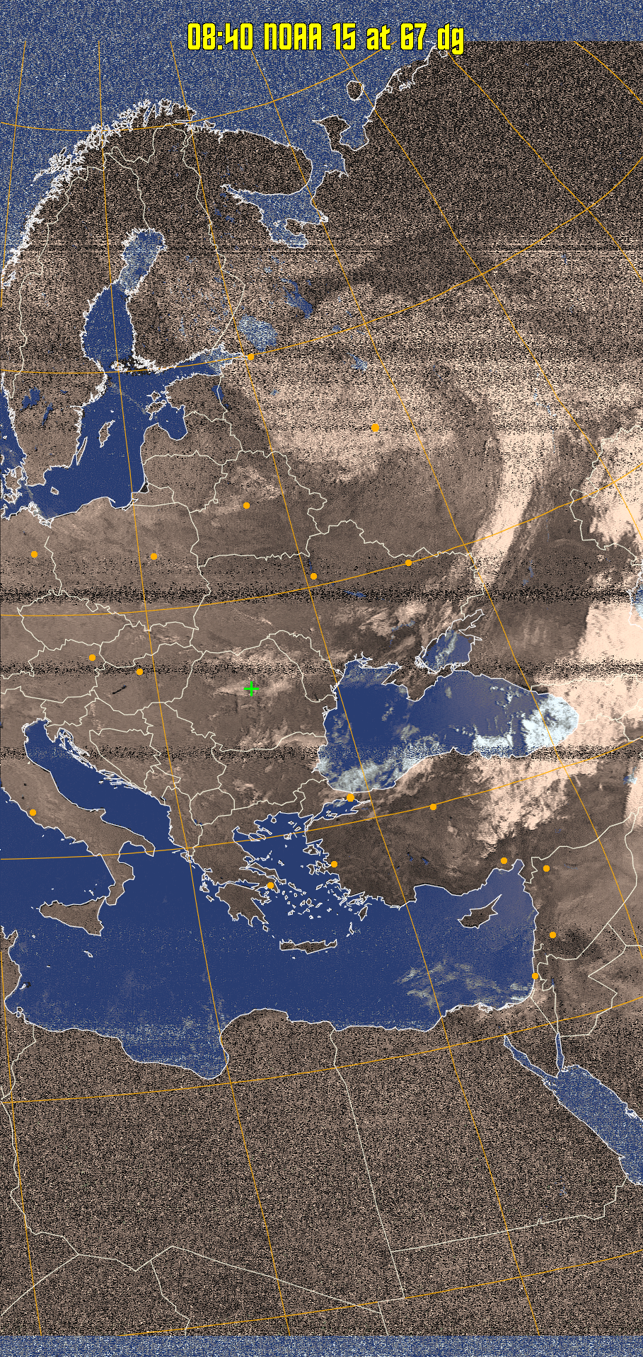HVCT:
Similar to HVC, but with blue water and with colours more indicative of
land temperatures.
HVC:
Creates a false colour image from NOAA APT images based on temperature using
the HVC colour model. Uses the temperature derived from the sensor 4 image to
select the hue and the brightness from the histogram equalised other image to
select the value and chroma. The HVC colour model attempts to ensure that different colours at the same value will appear to the eye to be the same brightness
and the spacing between colours representing each degree will appear to the eye to
be similar. Bright areas are completely unsaturated in this model.