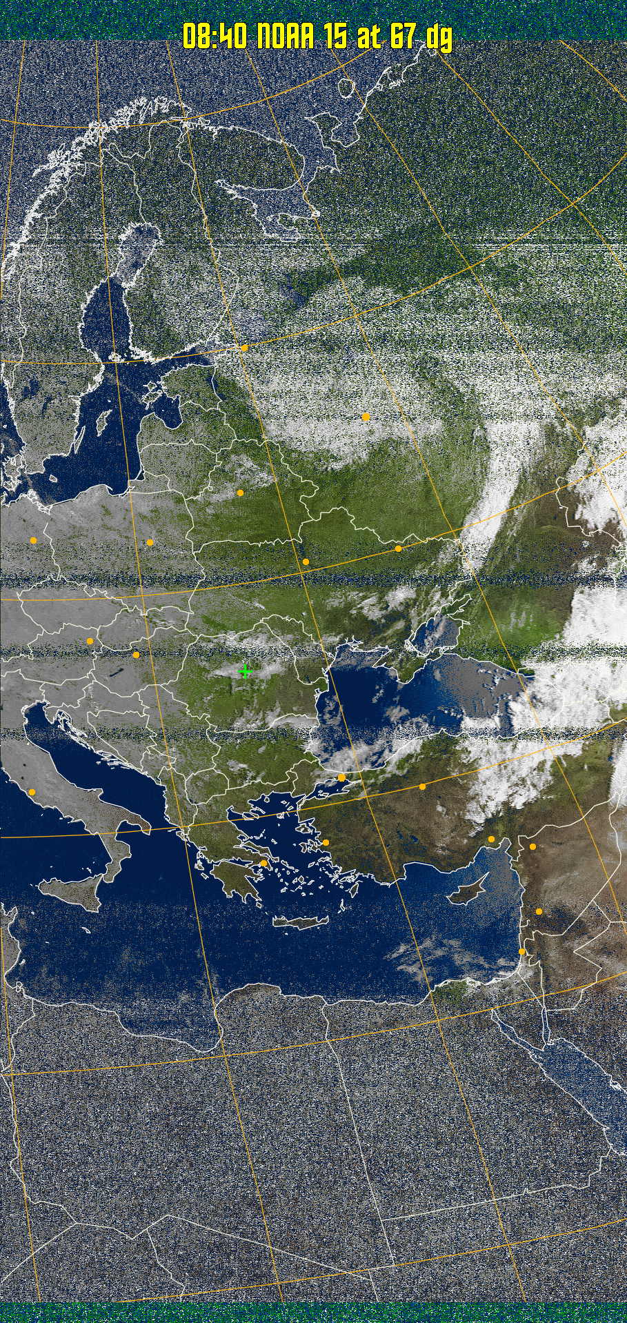 MSA-precip:
Same as MSA multispectral analysis, but high cold cloud tops are coloured the
same as the NO enhancement to give an approximate indication of the probability
and intensity of precipitation.