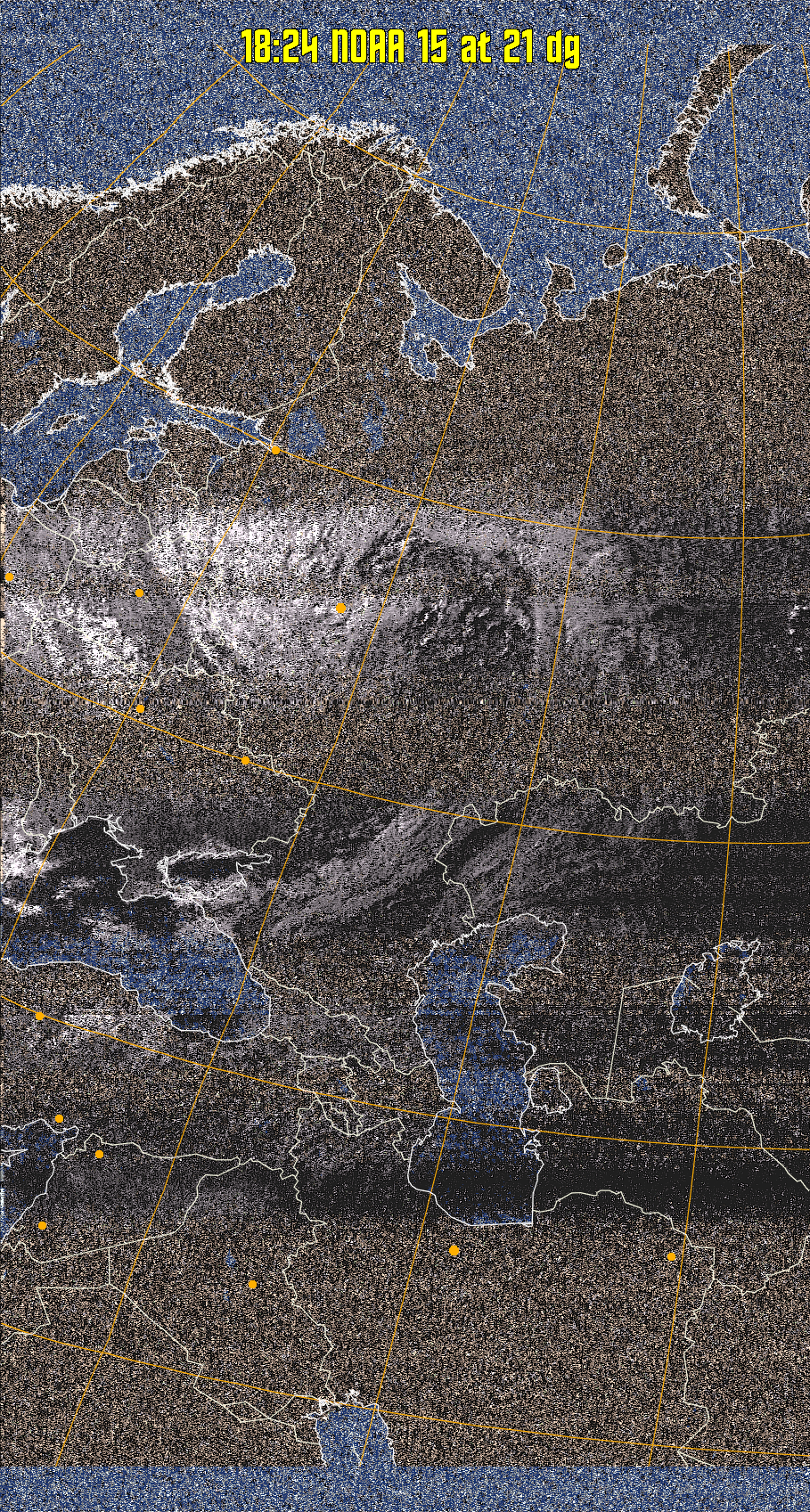 HVCT:
Similar to HVC, but with blue water and with colours more indicative of
land temperatures.
HVC:
Creates a false colour image from NOAA APT images based on temperature using
the HVC colour model. Uses the temperature derived from the sensor 4 image to
select the hue and the brightness from the histogram equalised other image to
select the value and chroma. The HVC colour model attempts to ensure that different colours at the same value will appear to the eye to be the same brightness
and the spacing between colours representing each degree will appear to the eye to
be similar. Bright areas are completely unsaturated in this model.