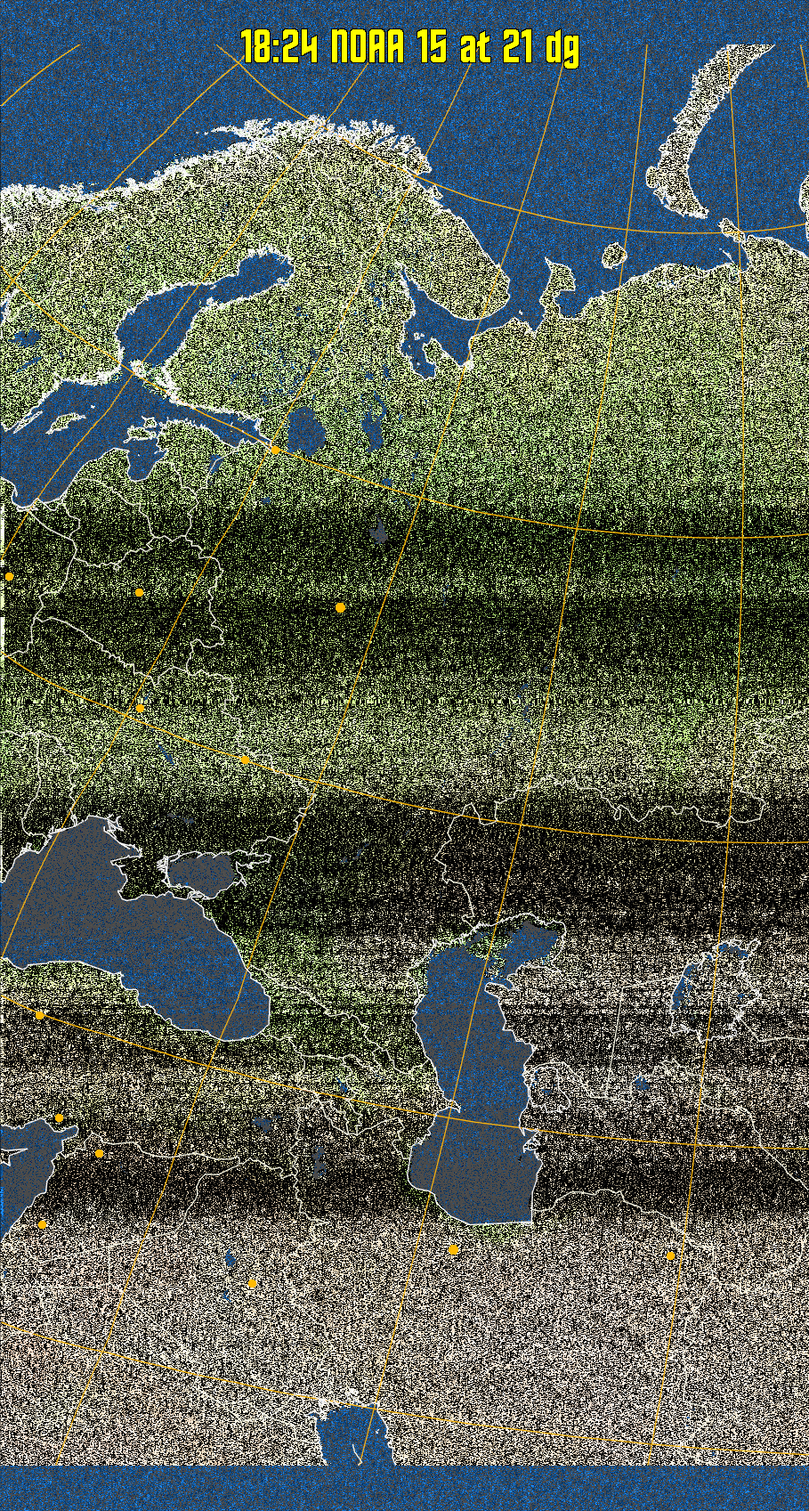 MCIR-precip: 
Colours the NOAA sensor 4 IR image using a map to colour the sea blue and land
green. High clouds appear white, lower clouds gray or land/sea coloured, clouds
generally appear lighter, but distinguishing between land/sea and low cloud may
be difficult. Darker colours indicate warmer regions.