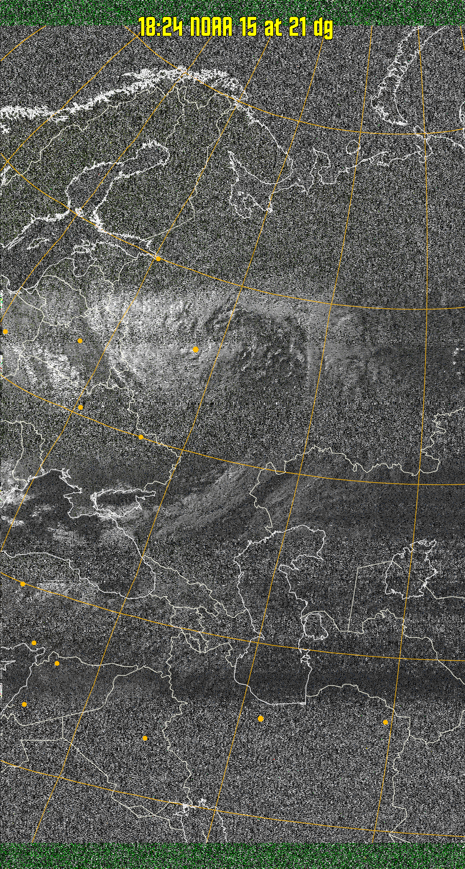 MSA-precip:
Same as MSA multispectral analysis, but high cold cloud tops are coloured the
same as the NO enhancement to give an approximate indication of the probability
and intensity of precipitation.
