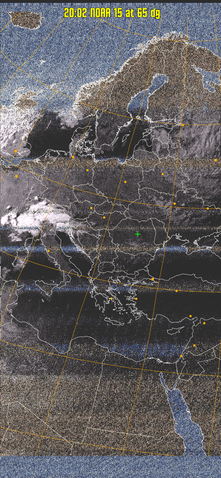 HVCT:
Similar to HVC, but with blue water and with colours more indicative of
land temperatures.
HVC:
Creates a false colour image from NOAA APT images based on temperature using
the HVC colour model. Uses the temperature derived from the sensor 4 image to
select the hue and the brightness from the histogram equalised other image to
select the value and chroma. The HVC colour model attempts to ensure that different colours at the same value will appear to the eye to be the same brightness
and the spacing between colours representing each degree will appear to the eye to
be similar. Bright areas are completely unsaturated in this model.