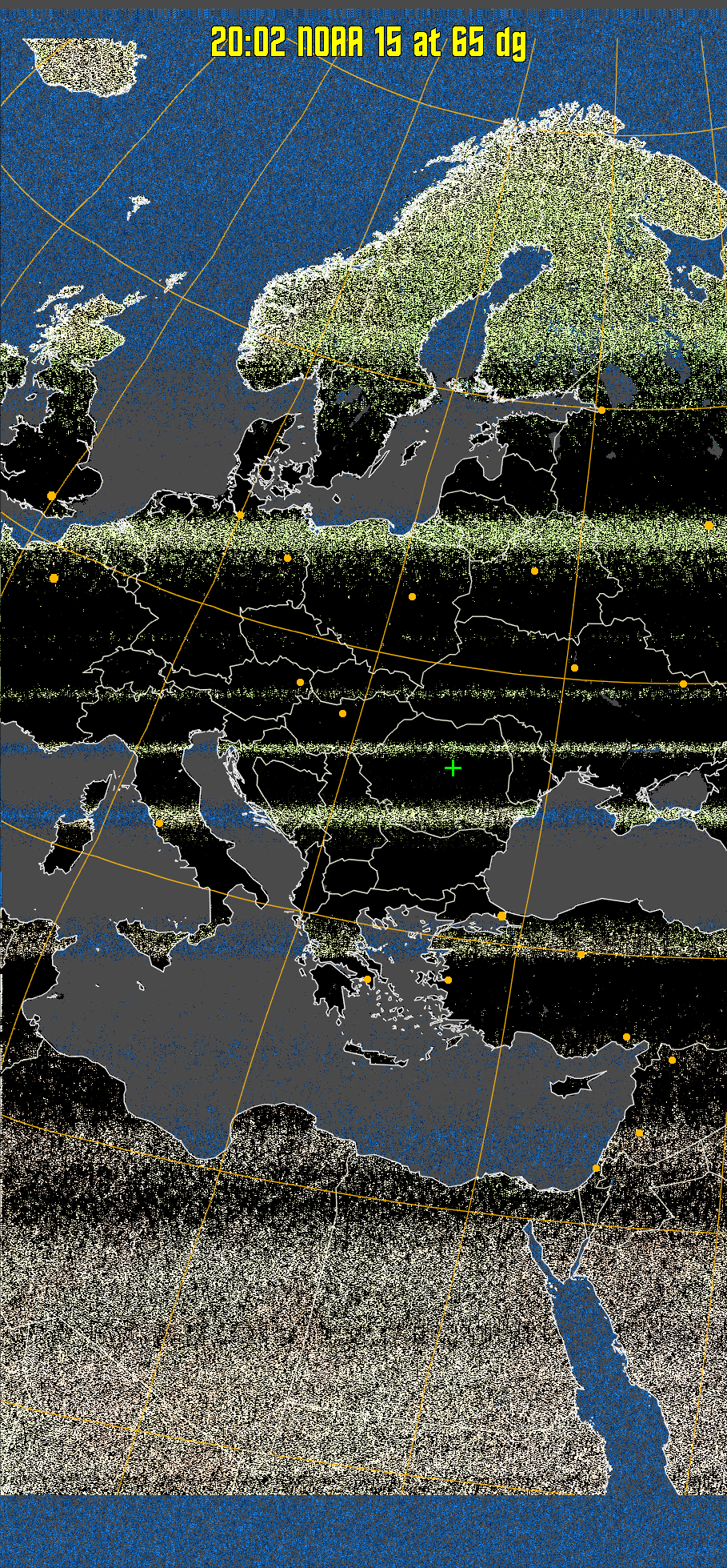 MCIR-precip: 
Colours the NOAA sensor 4 IR image using a map to colour the sea blue and land
green. High clouds appear white, lower clouds gray or land/sea coloured, clouds
generally appear lighter, but distinguishing between land/sea and low cloud may
be difficult. Darker colours indicate warmer regions.