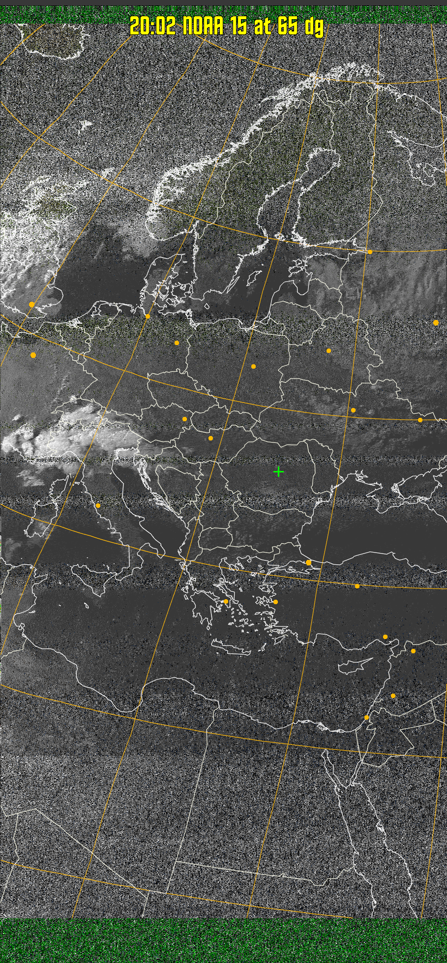 MSA-precip:
Same as MSA multispectral analysis, but high cold cloud tops are coloured the
same as the NO enhancement to give an approximate indication of the probability
and intensity of precipitation.