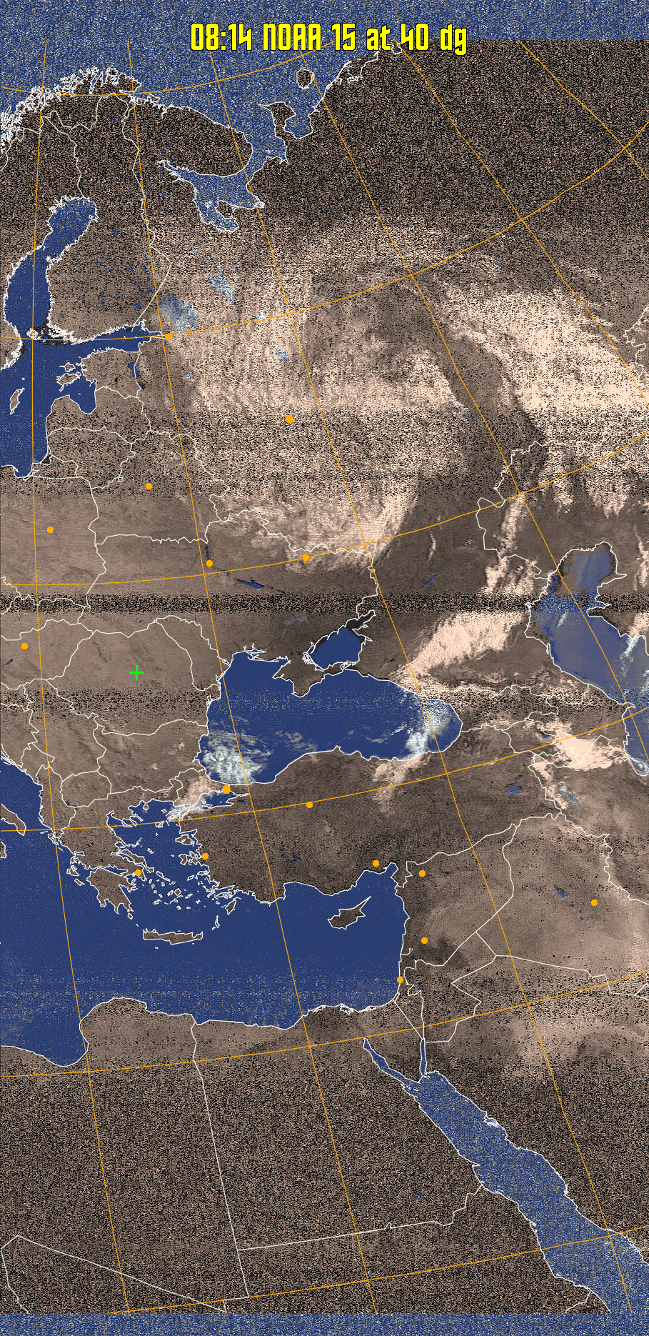 HVCT:
Similar to HVC, but with blue water and with colours more indicative of
land temperatures.
HVC:
Creates a false colour image from NOAA APT images based on temperature using
the HVC colour model. Uses the temperature derived from the sensor 4 image to
select the hue and the brightness from the histogram equalised other image to
select the value and chroma. The HVC colour model attempts to ensure that different colours at the same value will appear to the eye to be the same brightness
and the spacing between colours representing each degree will appear to the eye to
be similar. Bright areas are completely unsaturated in this model.