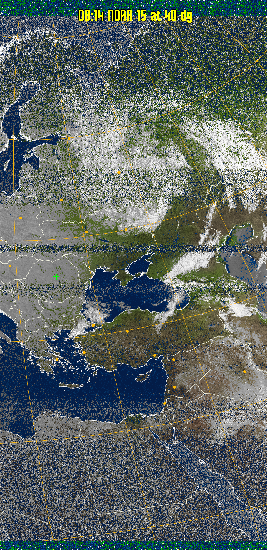MSA-precip:
Same as MSA multispectral analysis, but high cold cloud tops are coloured the
same as the NO enhancement to give an approximate indication of the probability
and intensity of precipitation.