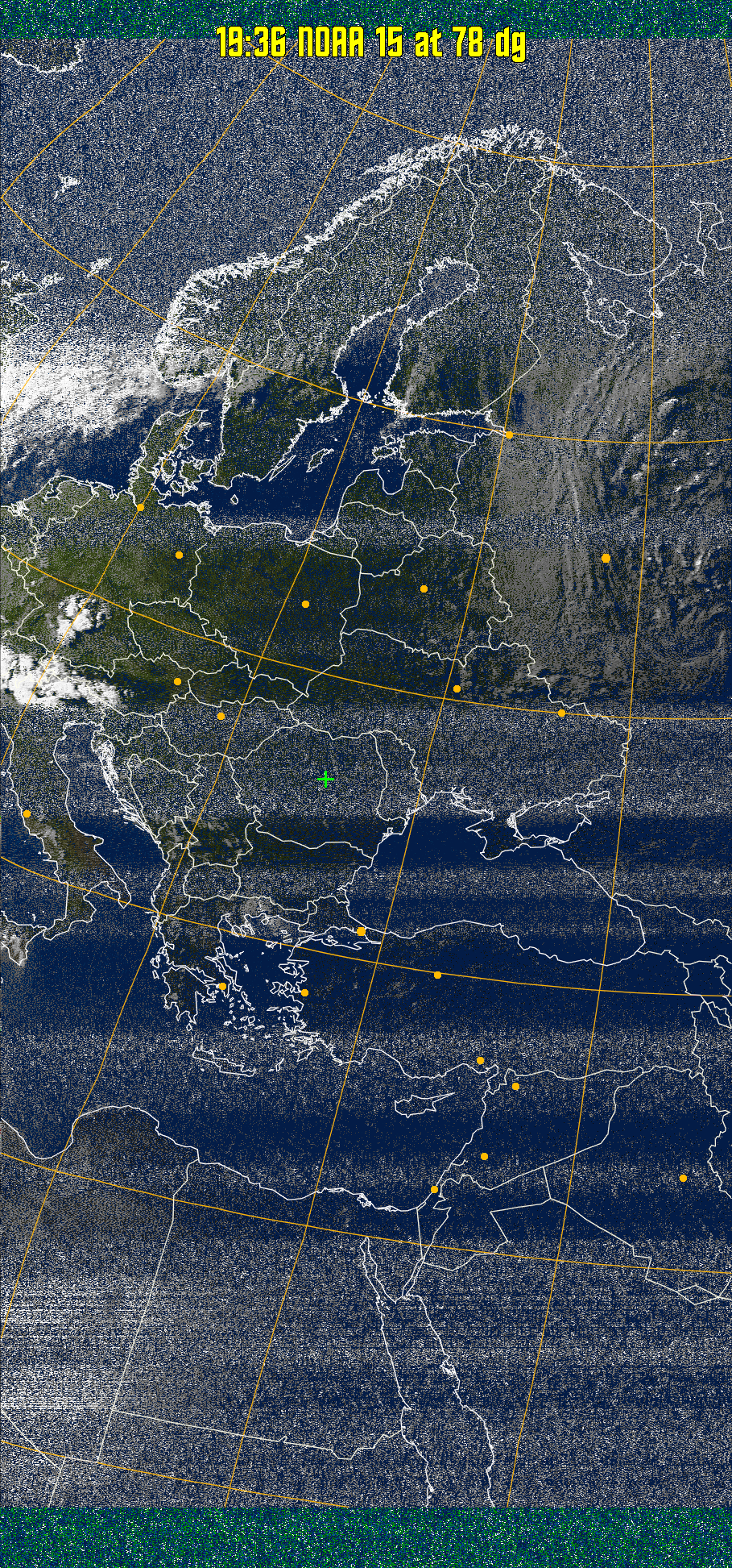 MSA-precip:
Same as MSA multispectral analysis, but high cold cloud tops are coloured the
same as the NO enhancement to give an approximate indication of the probability
and intensity of precipitation.