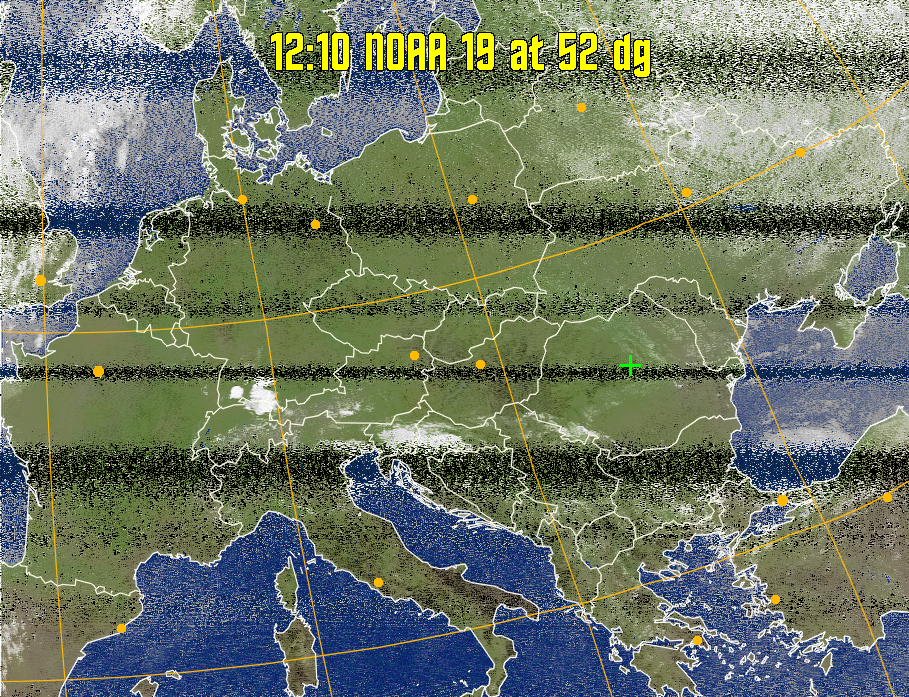 MCIR-precip: 
Colours the NOAA sensor 4 IR image using a map to colour the sea blue and land
green. High clouds appear white, lower clouds gray or land/sea coloured, clouds
generally appear lighter, but distinguishing between land/sea and low cloud may
be difficult. Darker colours indicate warmer regions.