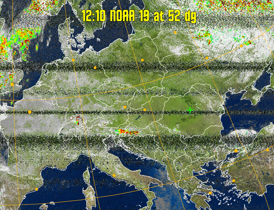 MSA-precip:
Same as MSA multispectral analysis, but high cold cloud tops are coloured the
same as the NO enhancement to give an approximate indication of the probability
and intensity of precipitation.