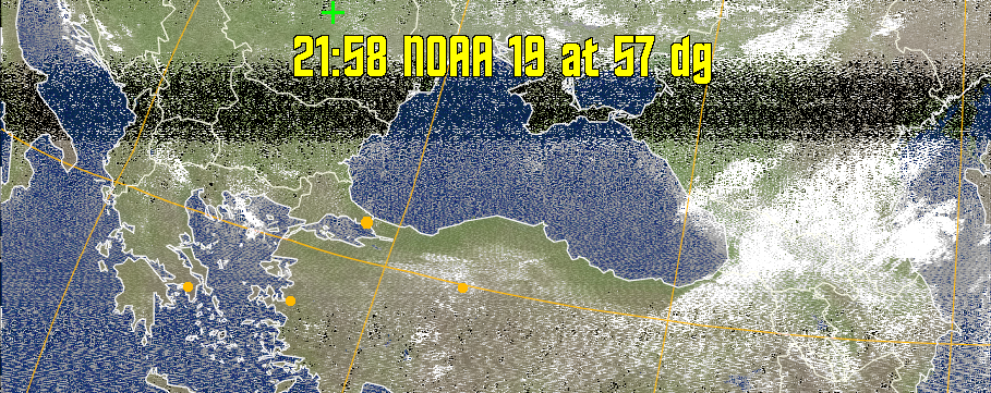 MCIR-precip: 
Colours the NOAA sensor 4 IR image using a map to colour the sea blue and land
green. High clouds appear white, lower clouds gray or land/sea coloured, clouds
generally appear lighter, but distinguishing between land/sea and low cloud may
be difficult. Darker colours indicate warmer regions.