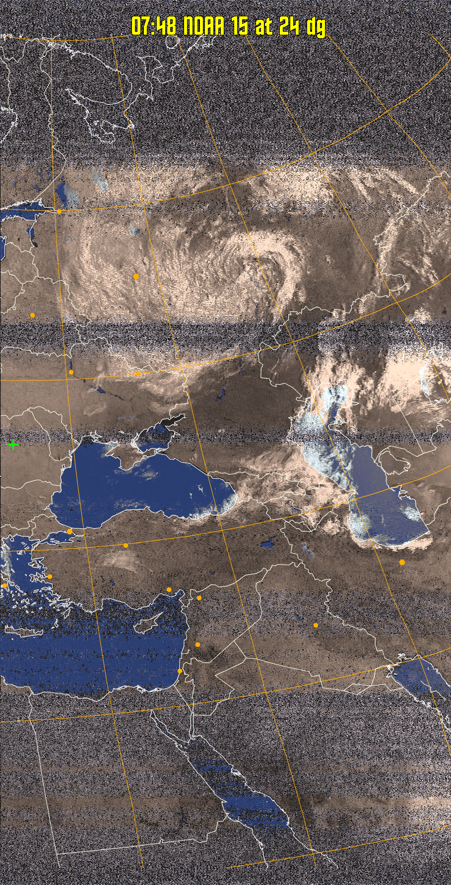 HVCT:
Similar to HVC, but with blue water and with colours more indicative of
land temperatures.
HVC:
Creates a false colour image from NOAA APT images based on temperature using
the HVC colour model. Uses the temperature derived from the sensor 4 image to
select the hue and the brightness from the histogram equalised other image to
select the value and chroma. The HVC colour model attempts to ensure that different colours at the same value will appear to the eye to be the same brightness
and the spacing between colours representing each degree will appear to the eye to
be similar. Bright areas are completely unsaturated in this model.
