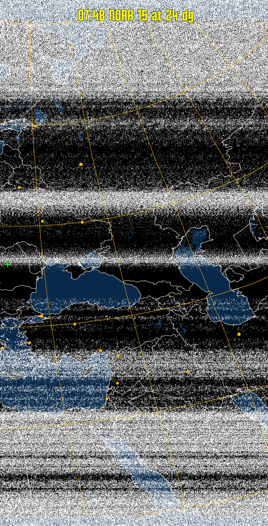 MCIR-precip: 
Colours the NOAA sensor 4 IR image using a map to colour the sea blue and land
green. High clouds appear white, lower clouds gray or land/sea coloured, clouds
generally appear lighter, but distinguishing between land/sea and low cloud may
be difficult. Darker colours indicate warmer regions.