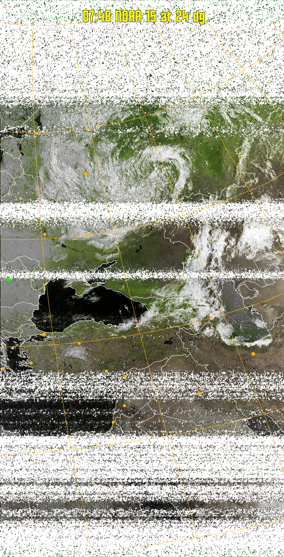 MSA-precip:
Same as MSA multispectral analysis, but high cold cloud tops are coloured the
same as the NO enhancement to give an approximate indication of the probability
and intensity of precipitation.