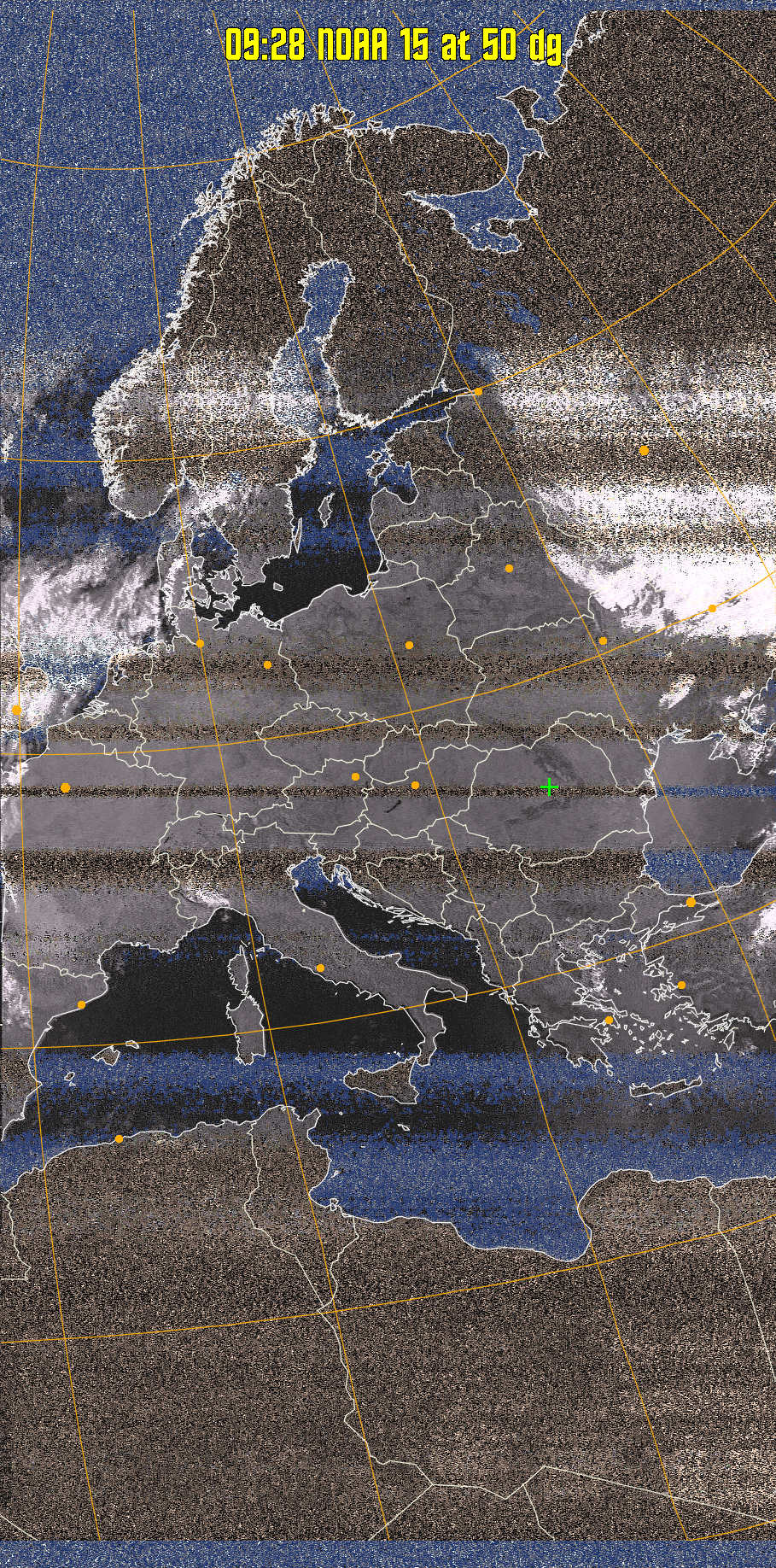 HVCT:
Similar to HVC, but with blue water and with colours more indicative of
land temperatures.
HVC:
Creates a false colour image from NOAA APT images based on temperature using
the HVC colour model. Uses the temperature derived from the sensor 4 image to
select the hue and the brightness from the histogram equalised other image to
select the value and chroma. The HVC colour model attempts to ensure that different colours at the same value will appear to the eye to be the same brightness
and the spacing between colours representing each degree will appear to the eye to
be similar. Bright areas are completely unsaturated in this model.