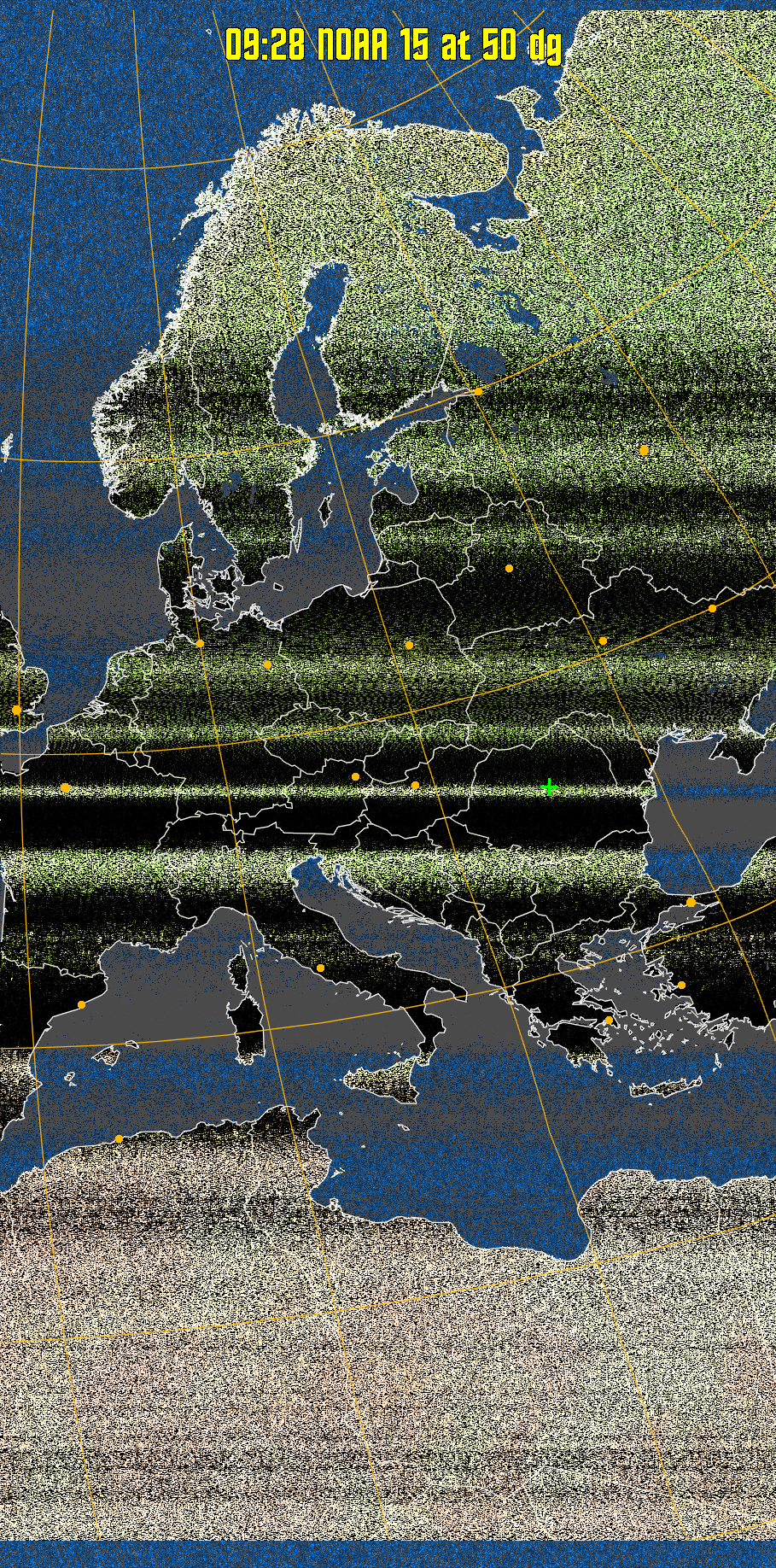 MCIR-precip: 
Colours the NOAA sensor 4 IR image using a map to colour the sea blue and land
green. High clouds appear white, lower clouds gray or land/sea coloured, clouds
generally appear lighter, but distinguishing between land/sea and low cloud may
be difficult. Darker colours indicate warmer regions.