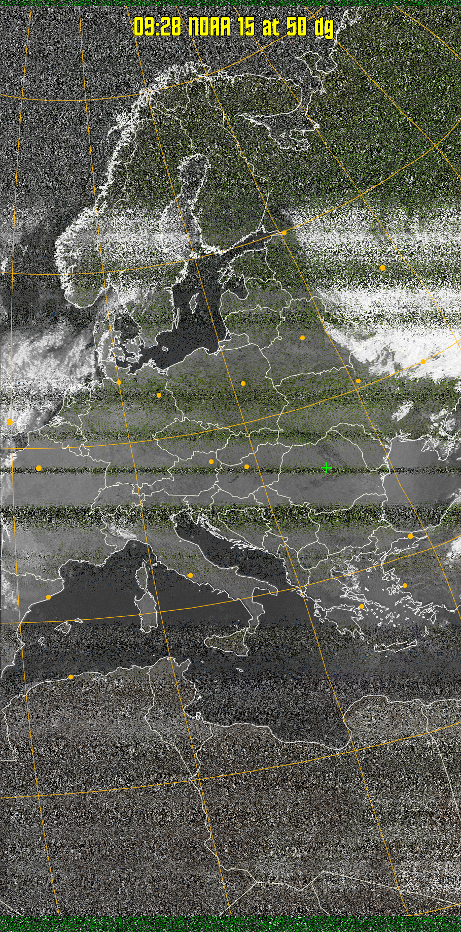MSA-precip:
Same as MSA multispectral analysis, but high cold cloud tops are coloured the
same as the NO enhancement to give an approximate indication of the probability
and intensity of precipitation.