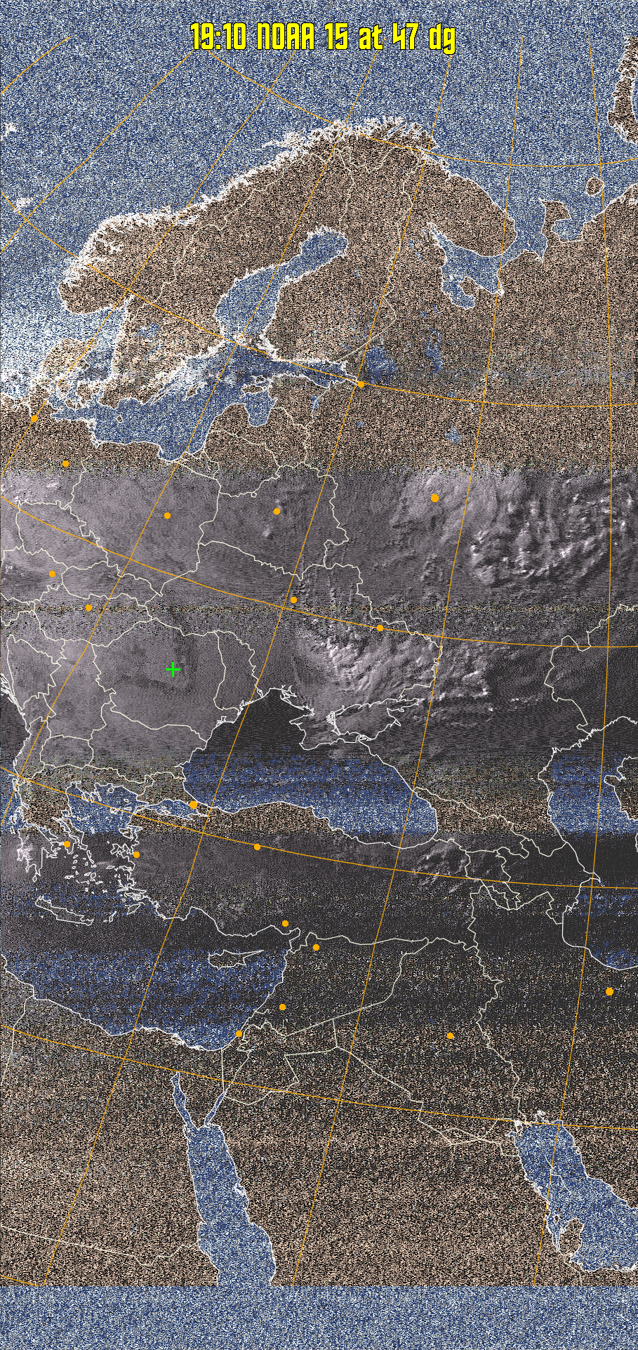 HVCT:
Similar to HVC, but with blue water and with colours more indicative of
land temperatures.
HVC:
Creates a false colour image from NOAA APT images based on temperature using
the HVC colour model. Uses the temperature derived from the sensor 4 image to
select the hue and the brightness from the histogram equalised other image to
select the value and chroma. The HVC colour model attempts to ensure that different colours at the same value will appear to the eye to be the same brightness
and the spacing between colours representing each degree will appear to the eye to
be similar. Bright areas are completely unsaturated in this model.