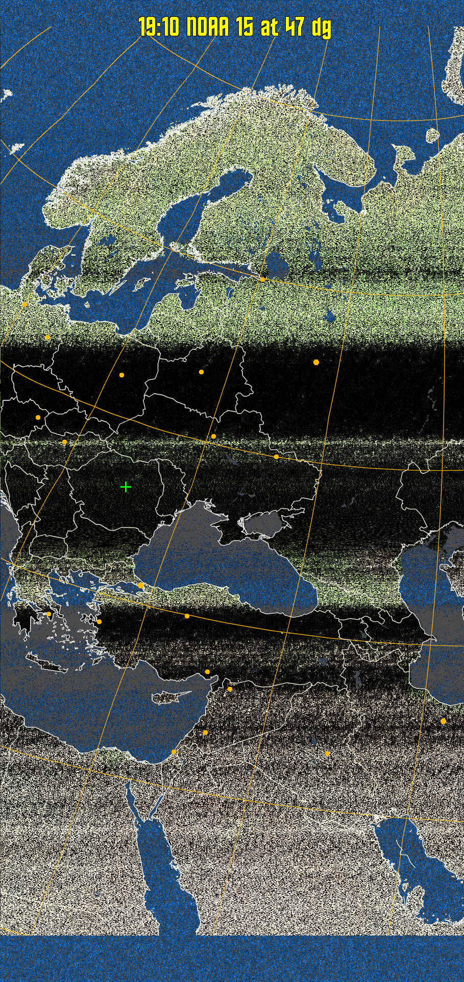 MCIR-precip: 
Colours the NOAA sensor 4 IR image using a map to colour the sea blue and land
green. High clouds appear white, lower clouds gray or land/sea coloured, clouds
generally appear lighter, but distinguishing between land/sea and low cloud may
be difficult. Darker colours indicate warmer regions.