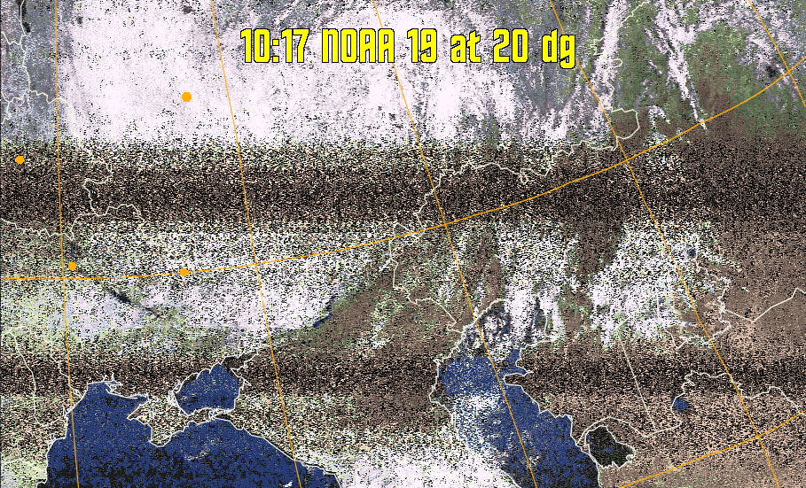 HVCT:
Similar to HVC, but with blue water and with colours more indicative of
land temperatures.
HVC:
Creates a false colour image from NOAA APT images based on temperature using
the HVC colour model. Uses the temperature derived from the sensor 4 image to
select the hue and the brightness from the histogram equalised other image to
select the value and chroma. The HVC colour model attempts to ensure that different colours at the same value will appear to the eye to be the same brightness
and the spacing between colours representing each degree will appear to the eye to
be similar. Bright areas are completely unsaturated in this model.