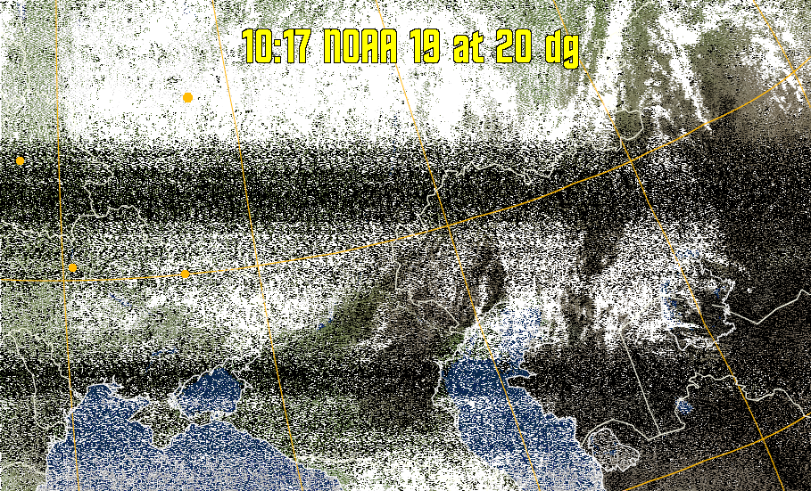 MCIR-precip: 
Colours the NOAA sensor 4 IR image using a map to colour the sea blue and land
green. High clouds appear white, lower clouds gray or land/sea coloured, clouds
generally appear lighter, but distinguishing between land/sea and low cloud may
be difficult. Darker colours indicate warmer regions.