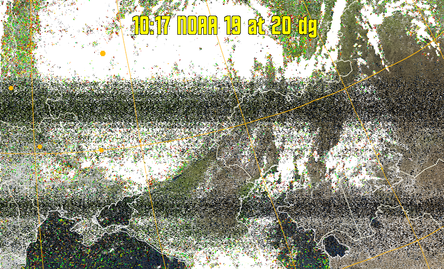 MSA-precip:
Same as MSA multispectral analysis, but high cold cloud tops are coloured the
same as the NO enhancement to give an approximate indication of the probability
and intensity of precipitation.