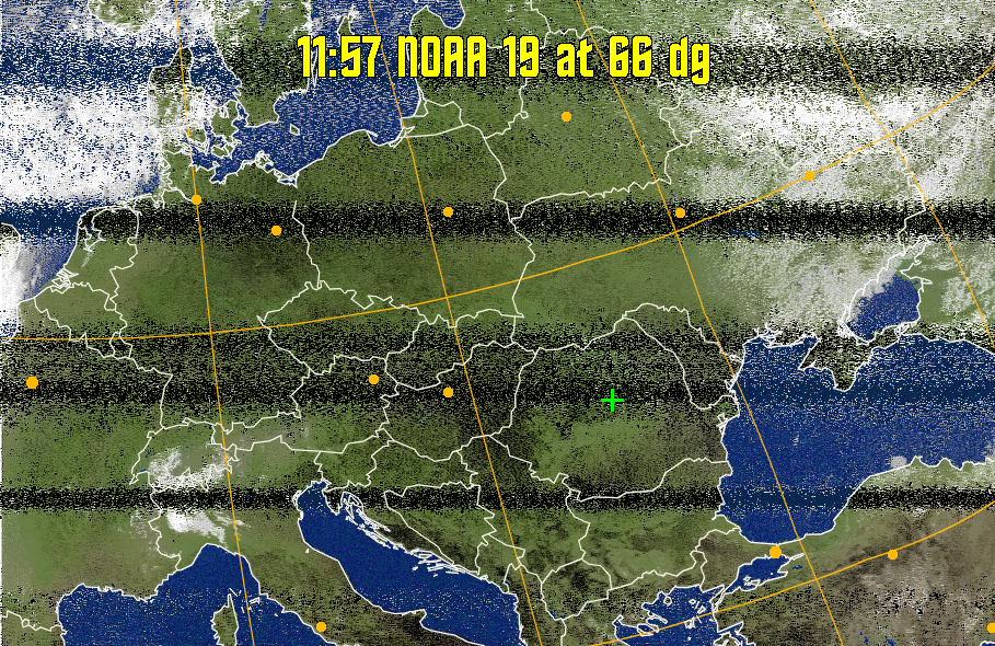 MCIR-precip: 
Colours the NOAA sensor 4 IR image using a map to colour the sea blue and land
green. High clouds appear white, lower clouds gray or land/sea coloured, clouds
generally appear lighter, but distinguishing between land/sea and low cloud may
be difficult. Darker colours indicate warmer regions.