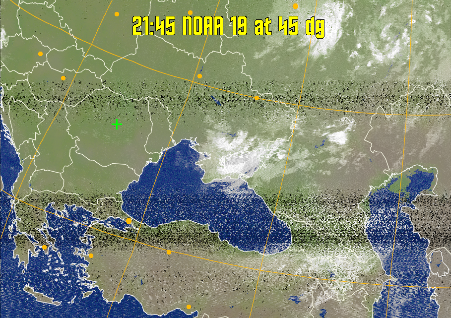 MCIR-precip: 
Colours the NOAA sensor 4 IR image using a map to colour the sea blue and land
green. High clouds appear white, lower clouds gray or land/sea coloured, clouds
generally appear lighter, but distinguishing between land/sea and low cloud may
be difficult. Darker colours indicate warmer regions.