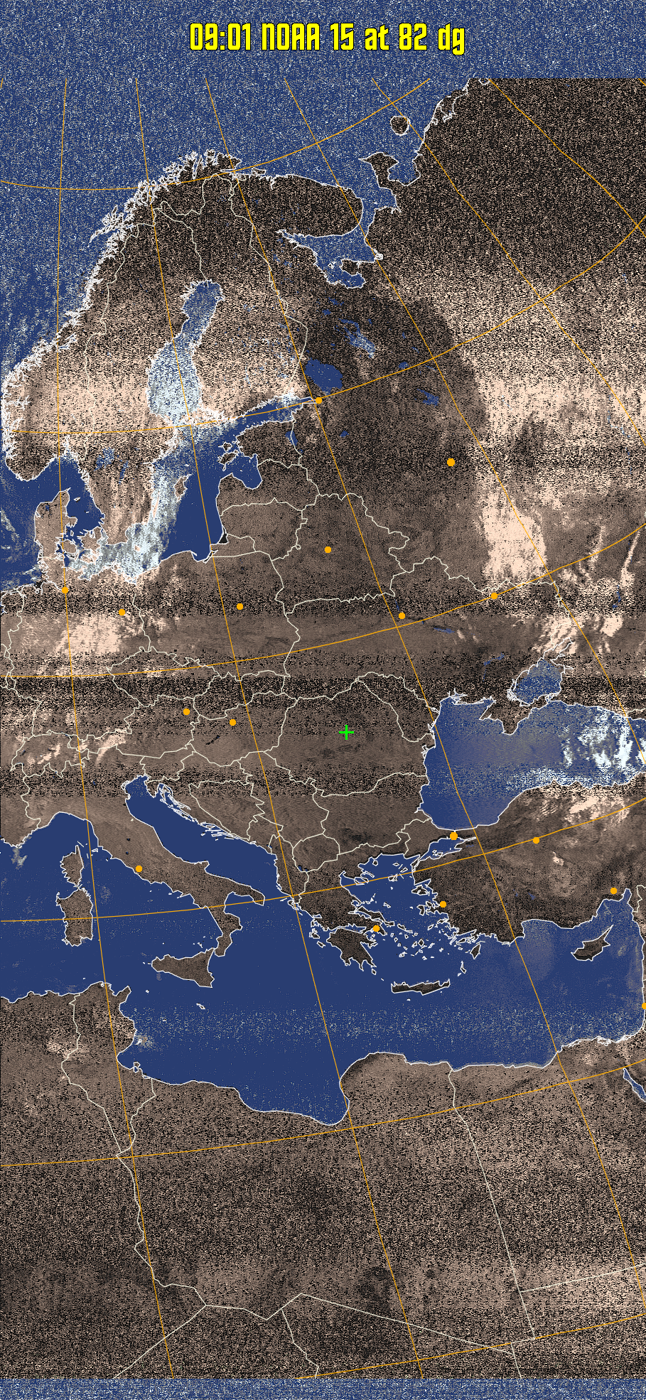 HVCT:
Similar to HVC, but with blue water and with colours more indicative of
land temperatures.
HVC:
Creates a false colour image from NOAA APT images based on temperature using
the HVC colour model. Uses the temperature derived from the sensor 4 image to
select the hue and the brightness from the histogram equalised other image to
select the value and chroma. The HVC colour model attempts to ensure that different colours at the same value will appear to the eye to be the same brightness
and the spacing between colours representing each degree will appear to the eye to
be similar. Bright areas are completely unsaturated in this model.