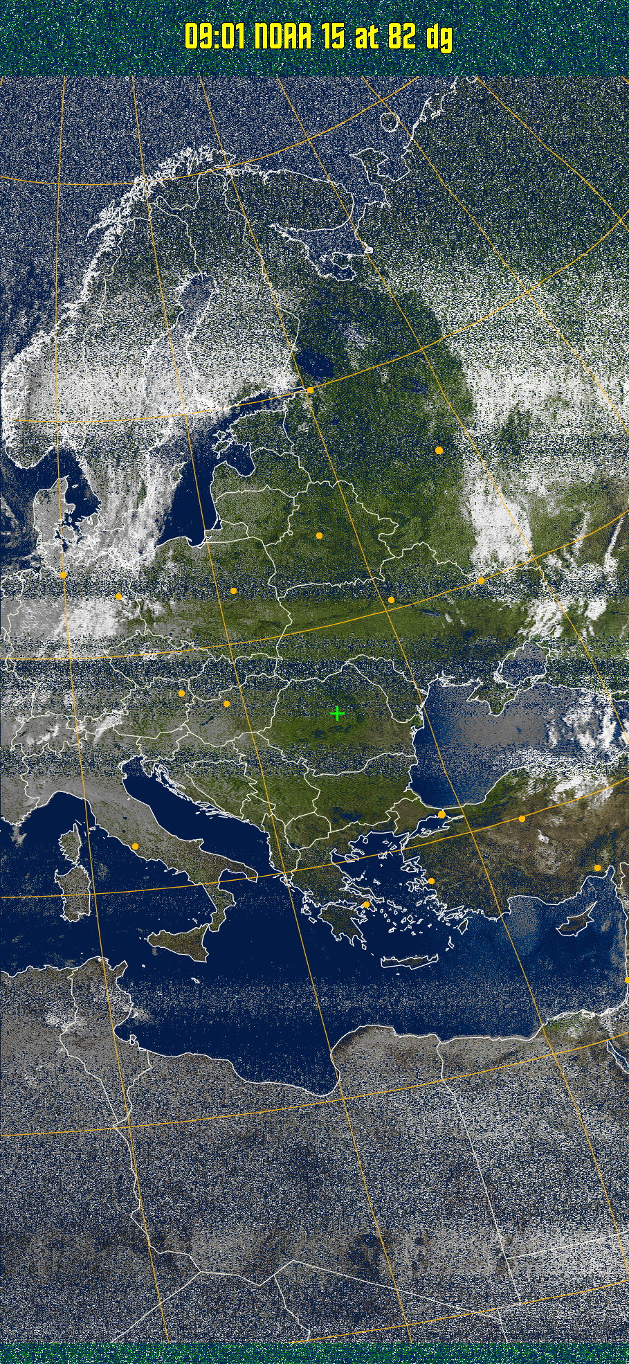 MSA-precip:
Same as MSA multispectral analysis, but high cold cloud tops are coloured the
same as the NO enhancement to give an approximate indication of the probability
and intensity of precipitation.