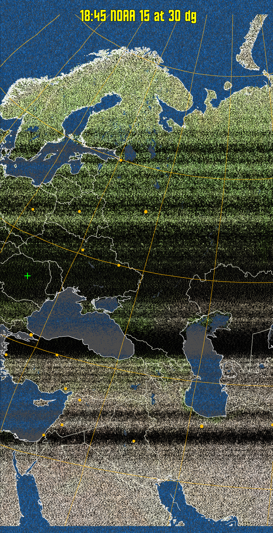 MCIR-precip: 
Colours the NOAA sensor 4 IR image using a map to colour the sea blue and land
green. High clouds appear white, lower clouds gray or land/sea coloured, clouds
generally appear lighter, but distinguishing between land/sea and low cloud may
be difficult. Darker colours indicate warmer regions.