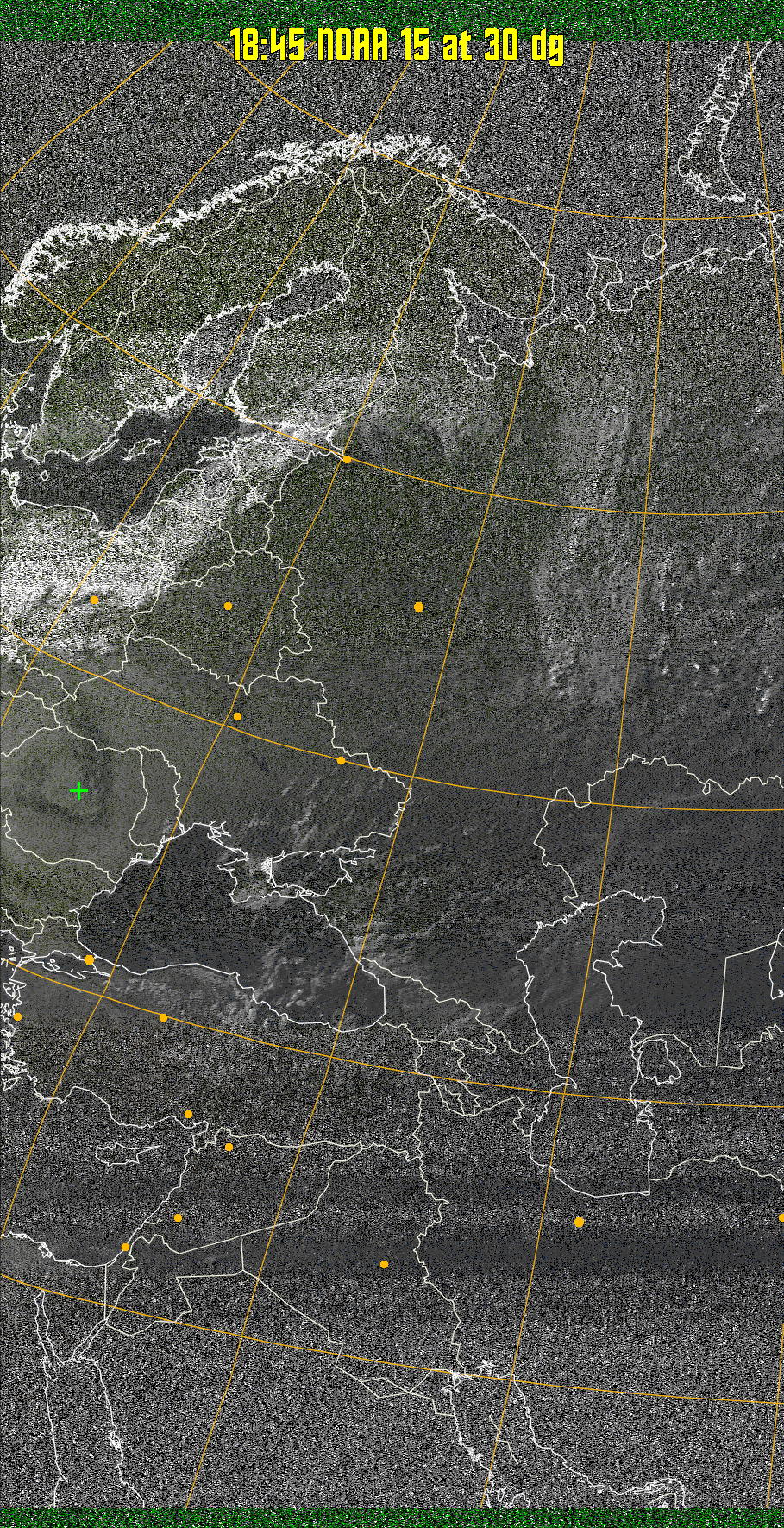 MSA-precip:
Same as MSA multispectral analysis, but high cold cloud tops are coloured the
same as the NO enhancement to give an approximate indication of the probability
and intensity of precipitation.