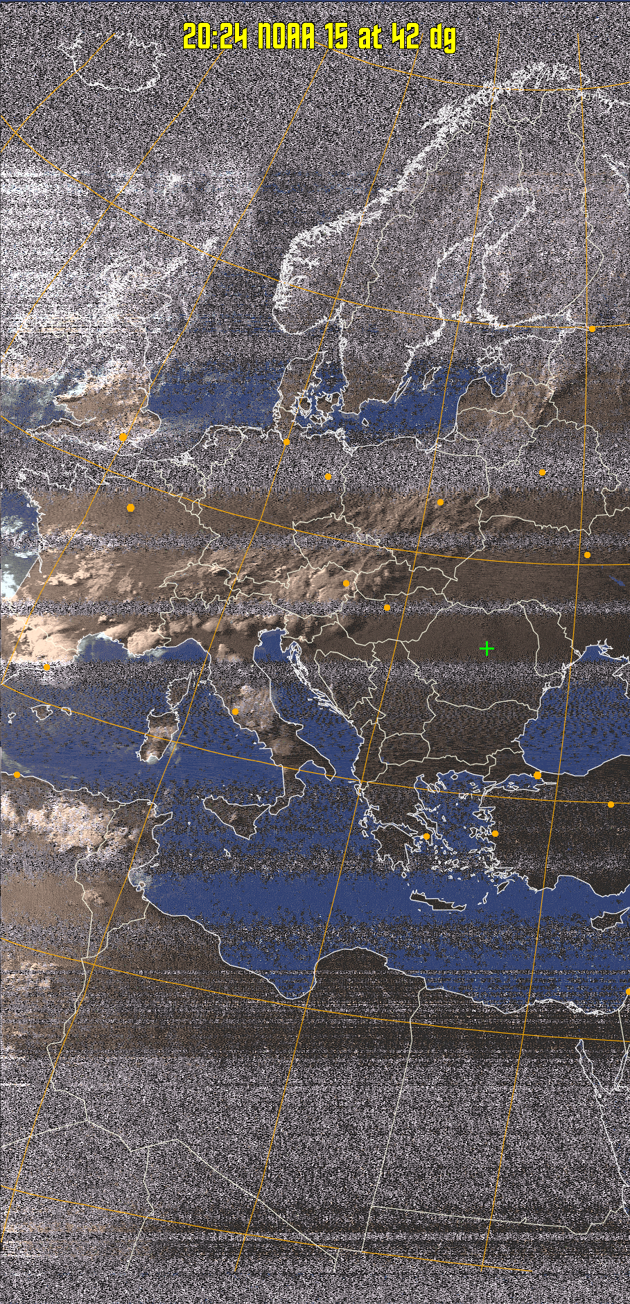 HVCT:
Similar to HVC, but with blue water and with colours more indicative of
land temperatures.
HVC:
Creates a false colour image from NOAA APT images based on temperature using
the HVC colour model. Uses the temperature derived from the sensor 4 image to
select the hue and the brightness from the histogram equalised other image to
select the value and chroma. The HVC colour model attempts to ensure that different colours at the same value will appear to the eye to be the same brightness
and the spacing between colours representing each degree will appear to the eye to
be similar. Bright areas are completely unsaturated in this model.