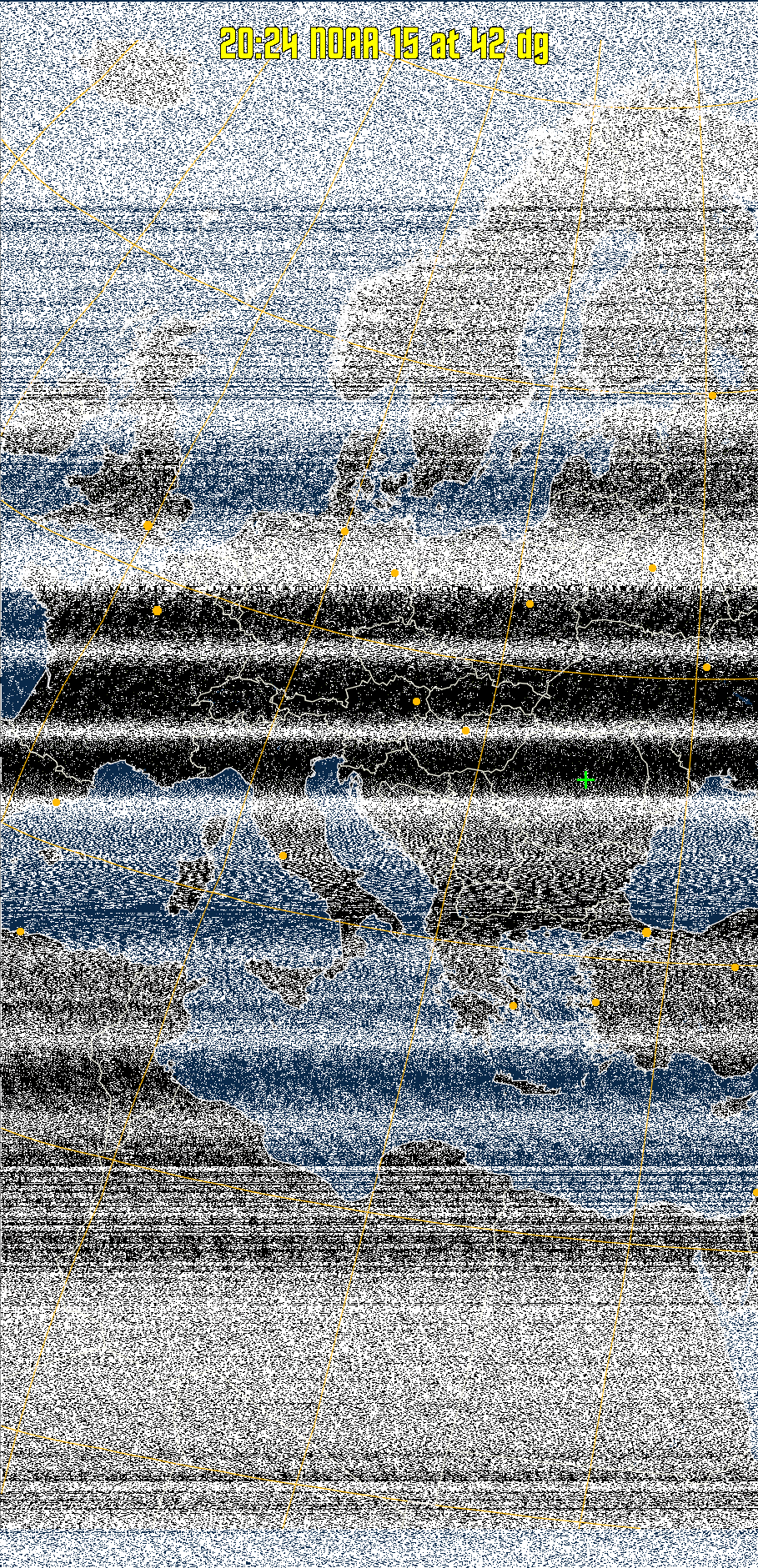 MCIR-precip: 
Colours the NOAA sensor 4 IR image using a map to colour the sea blue and land
green. High clouds appear white, lower clouds gray or land/sea coloured, clouds
generally appear lighter, but distinguishing between land/sea and low cloud may
be difficult. Darker colours indicate warmer regions.